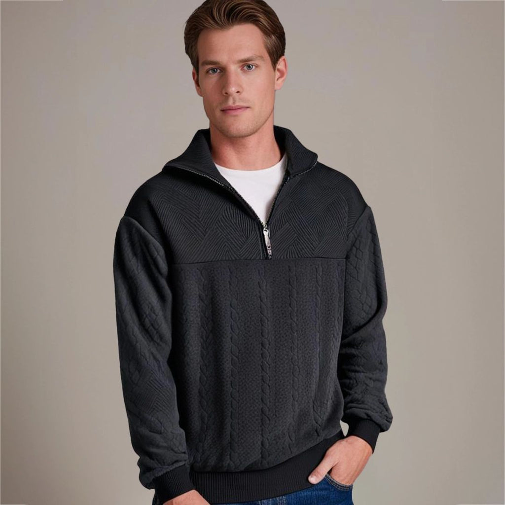Men's Adjustable Half-Zip Cable Knit Pullover with Textured Yoke