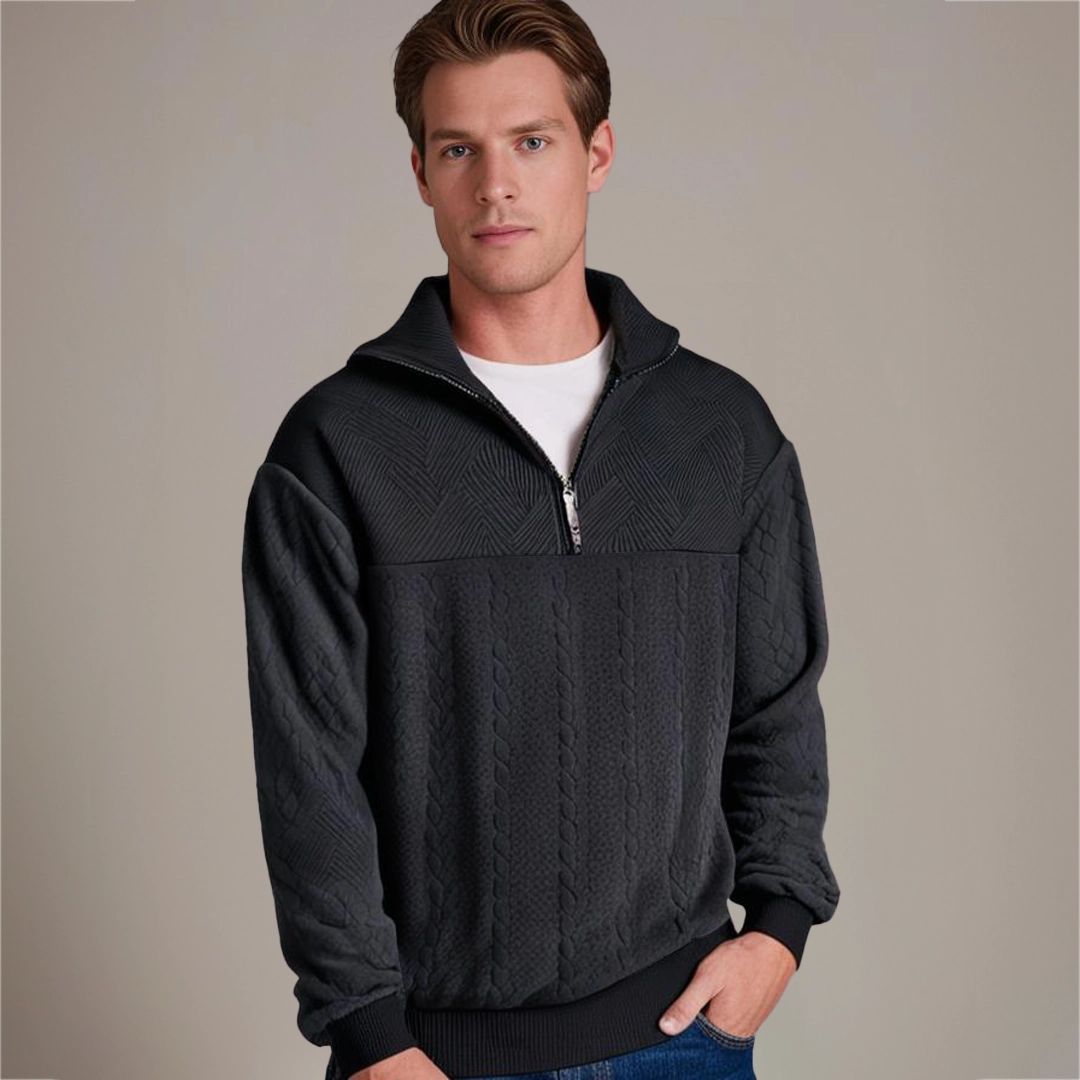Men's Adjustable Half-Zip Cable Knit Pullover with Textured Yoke