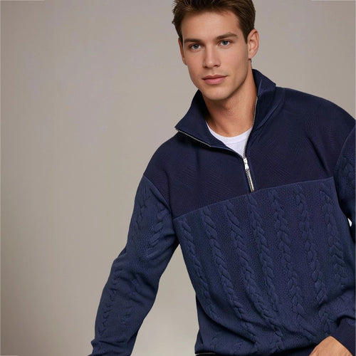 Men's Adjustable Half-Zip Cable Knit Pullover with Textured Yoke