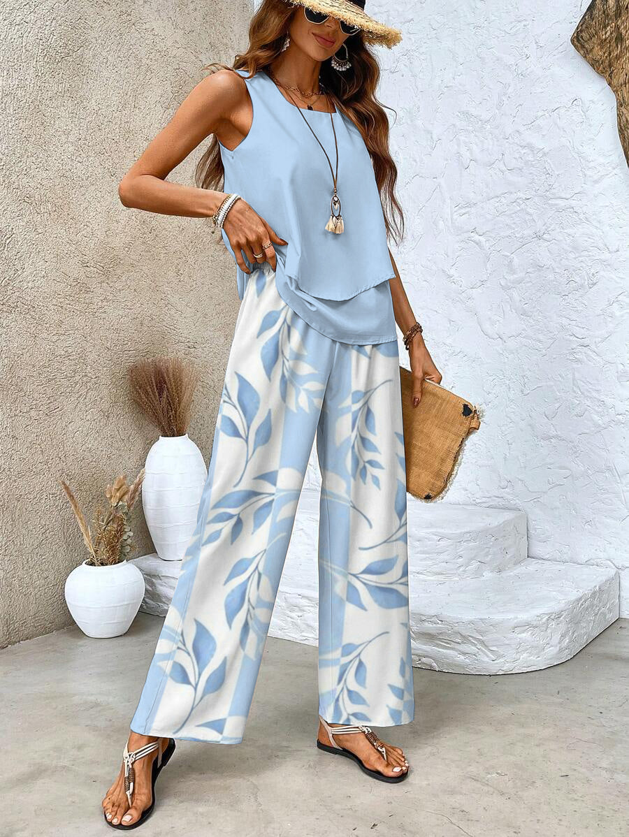 Women's Leaf Print Layered Sleeve Wide Leg Pants Set