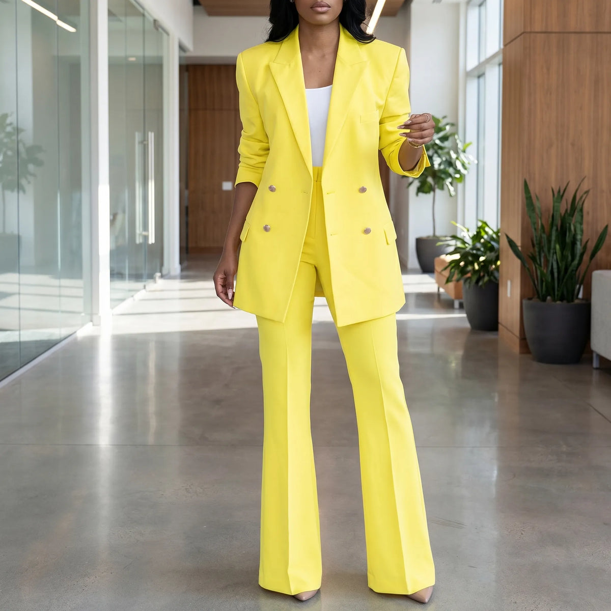 Women's High-Waist Flare Pants Double Breasted Blazer Set