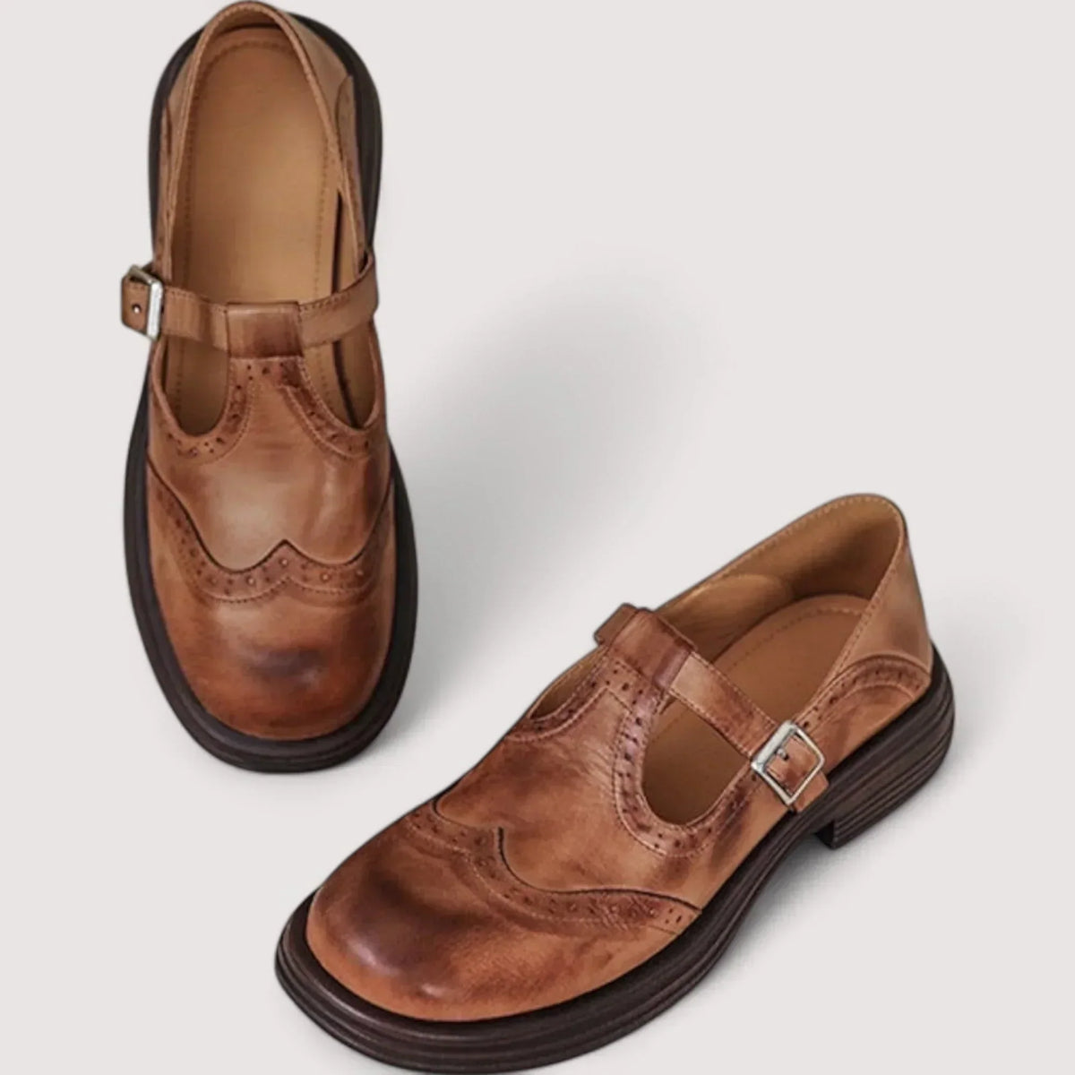 Women's Brogue Detail Adjustable Buckle T-Bar Shoes
