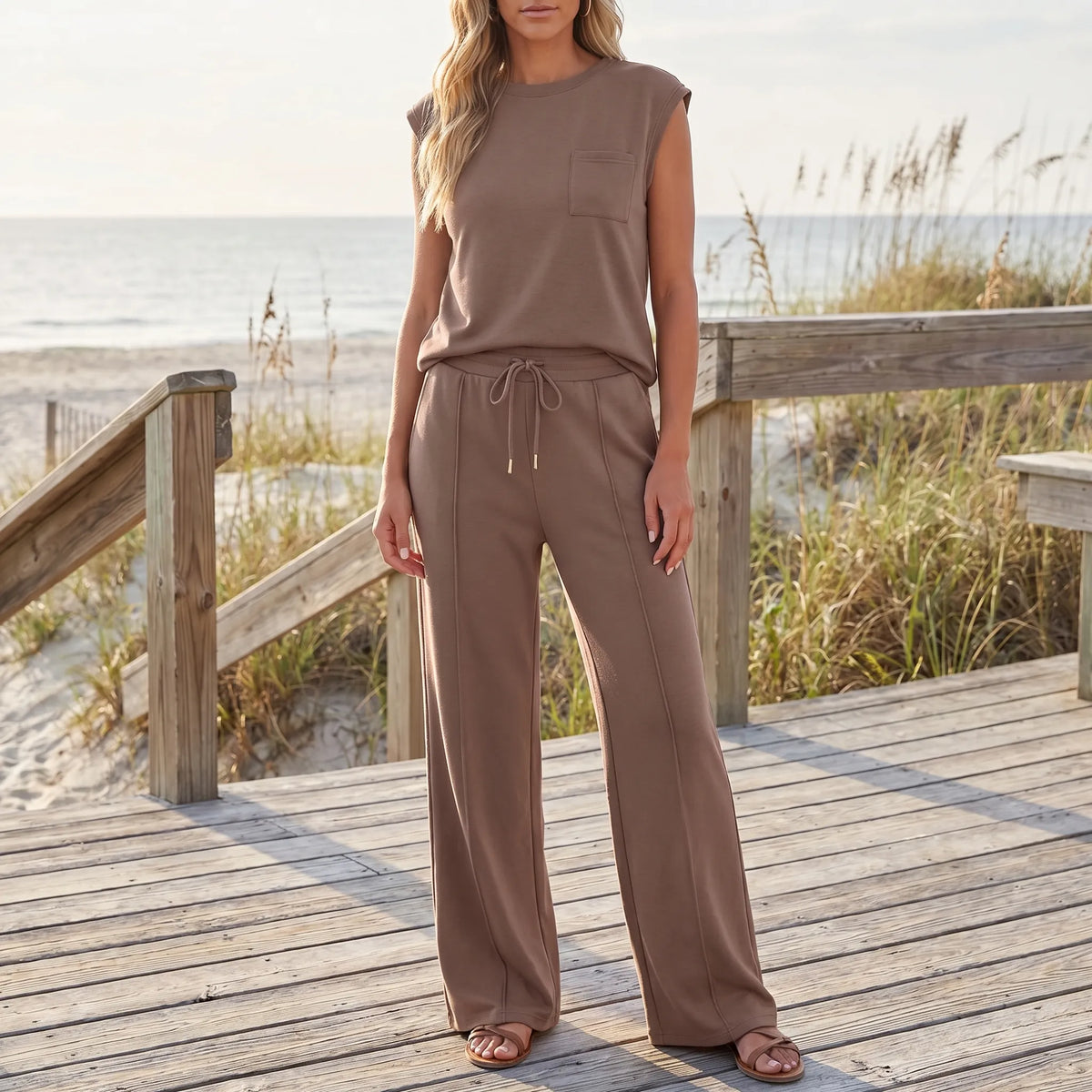 Women's Cap Sleeve Crew Neck Drawstring Pants Set