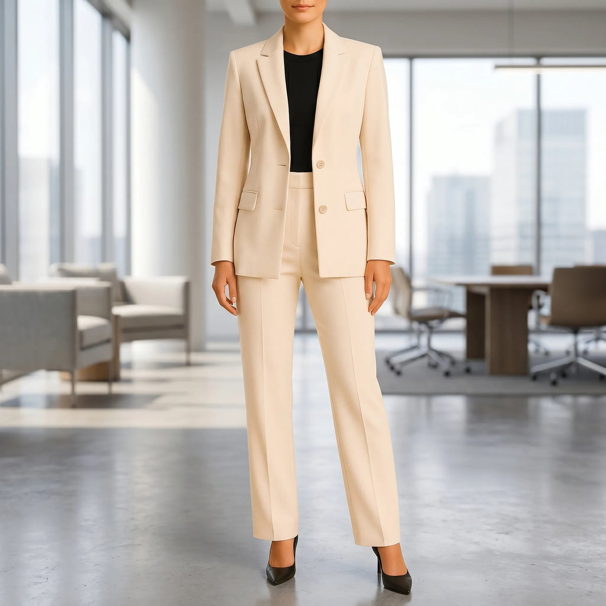 Women's Two-Button Blazer Pleated Straight Leg Pantsuit