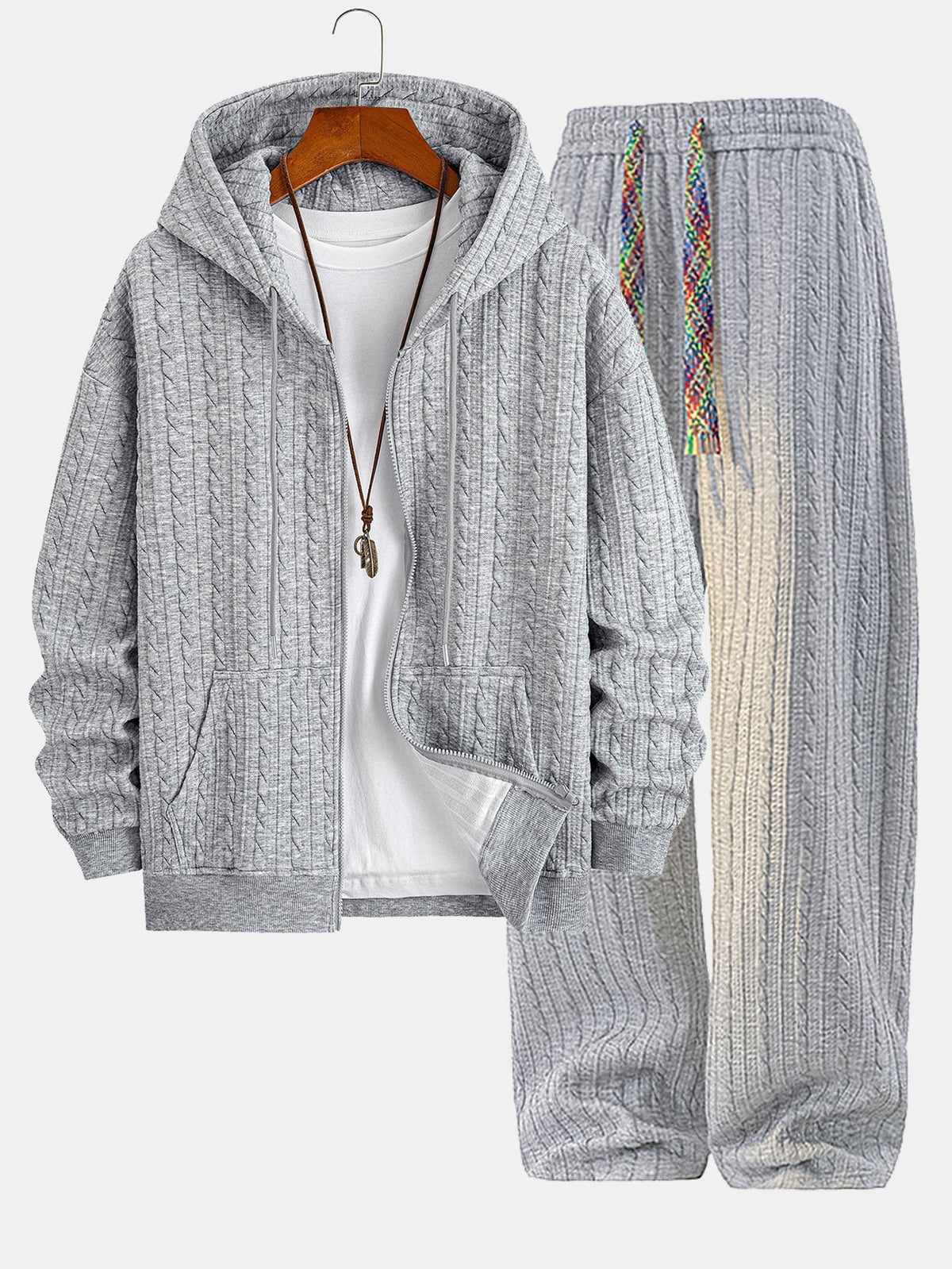 Men's Zip-Front Jacquard Hooded Sweatshirt and Straight Pants Set