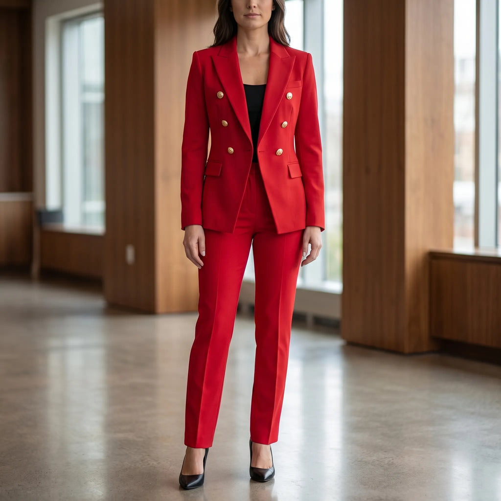 Women's Double Breasted Blazer Tailored Pants Suit Set