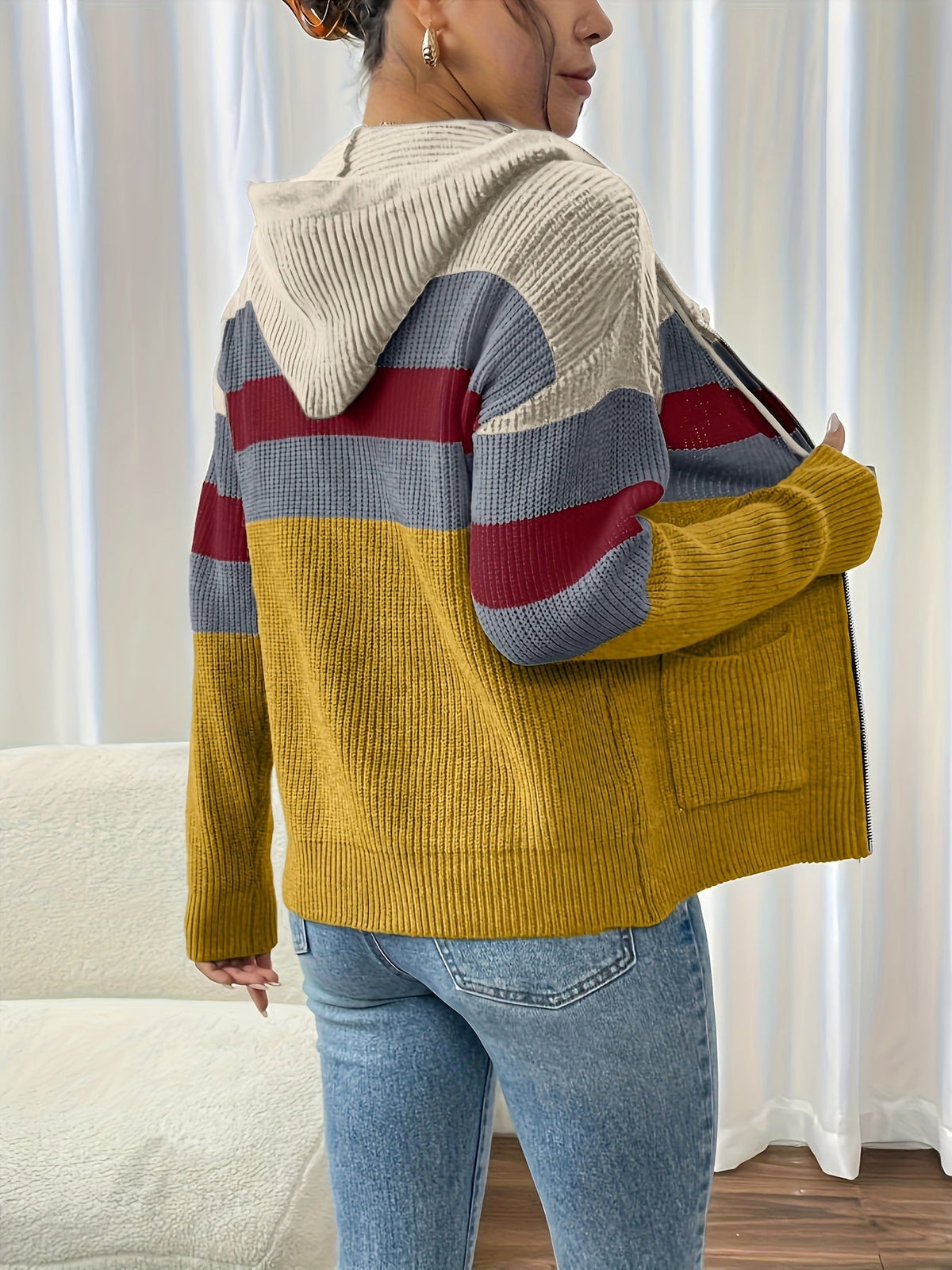 Women's Hooded Ribbed Knit Full-Zip Layering Cardigan