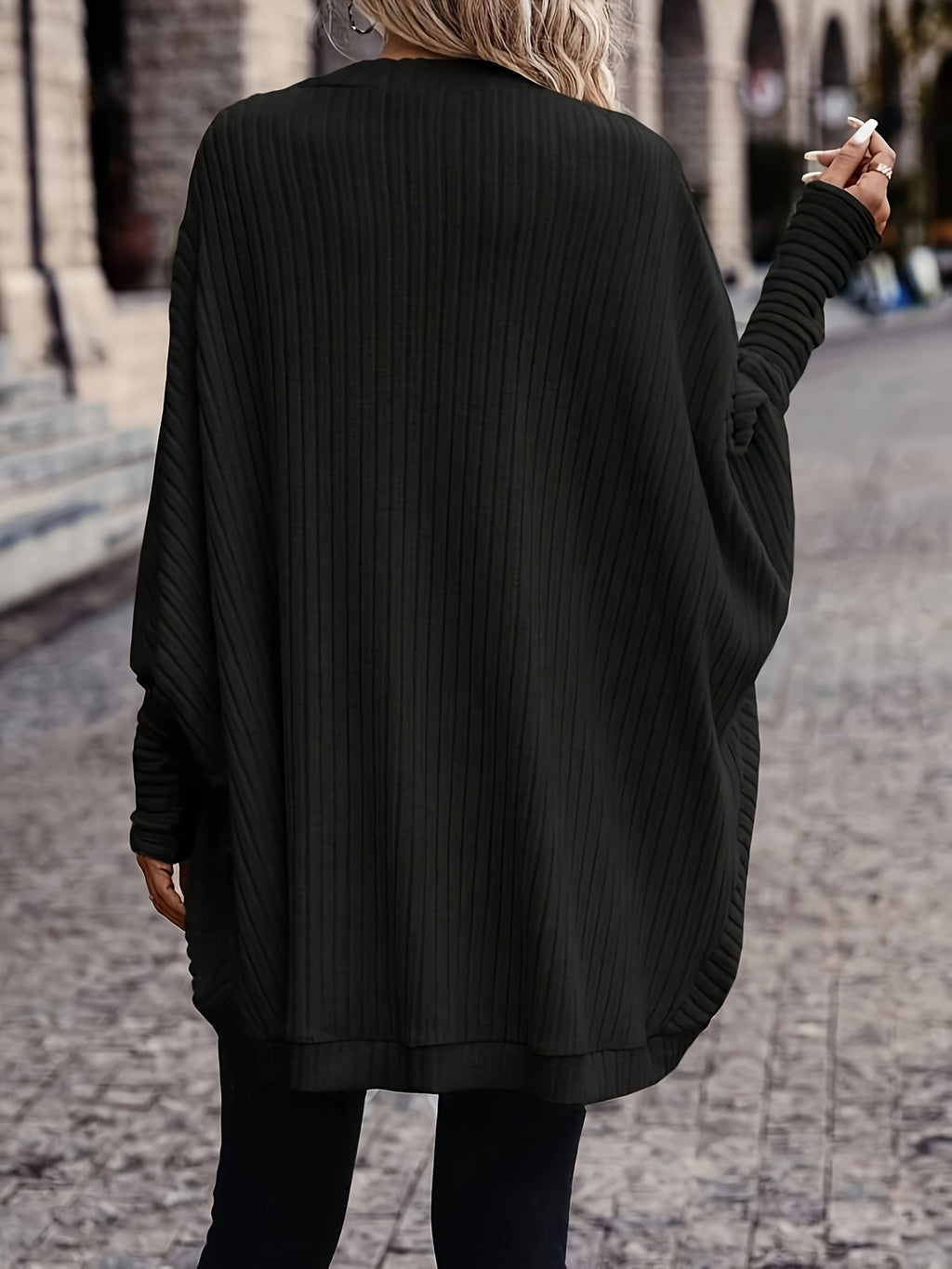 Women's Ribbed Draped Cardigan with Open Front