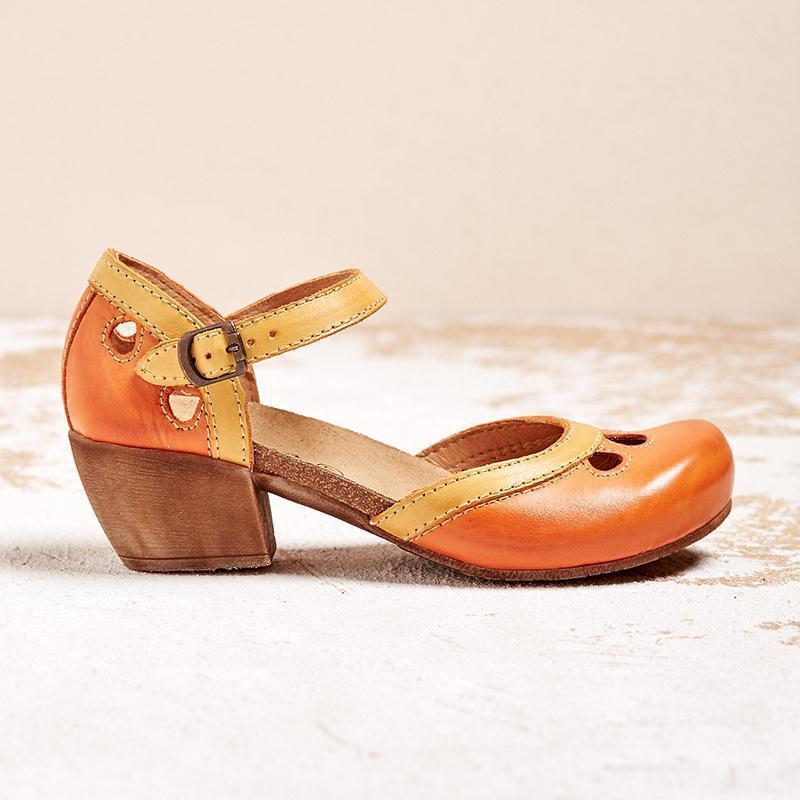 Women's Leather Ankle Strap Mary Jane Flats with Panel Detail