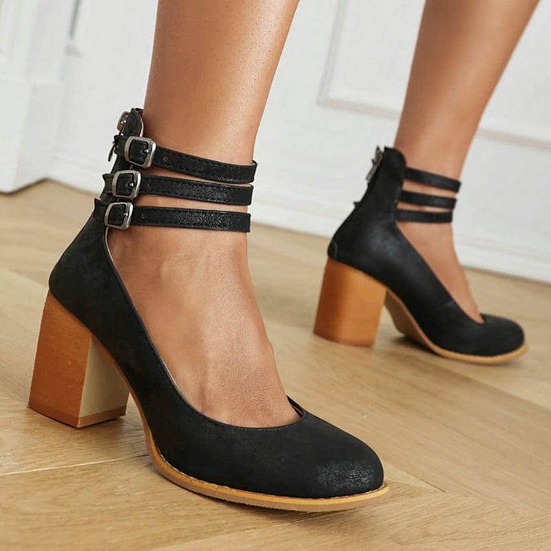 Women's Block Heel Booties with Three Buckle Straps