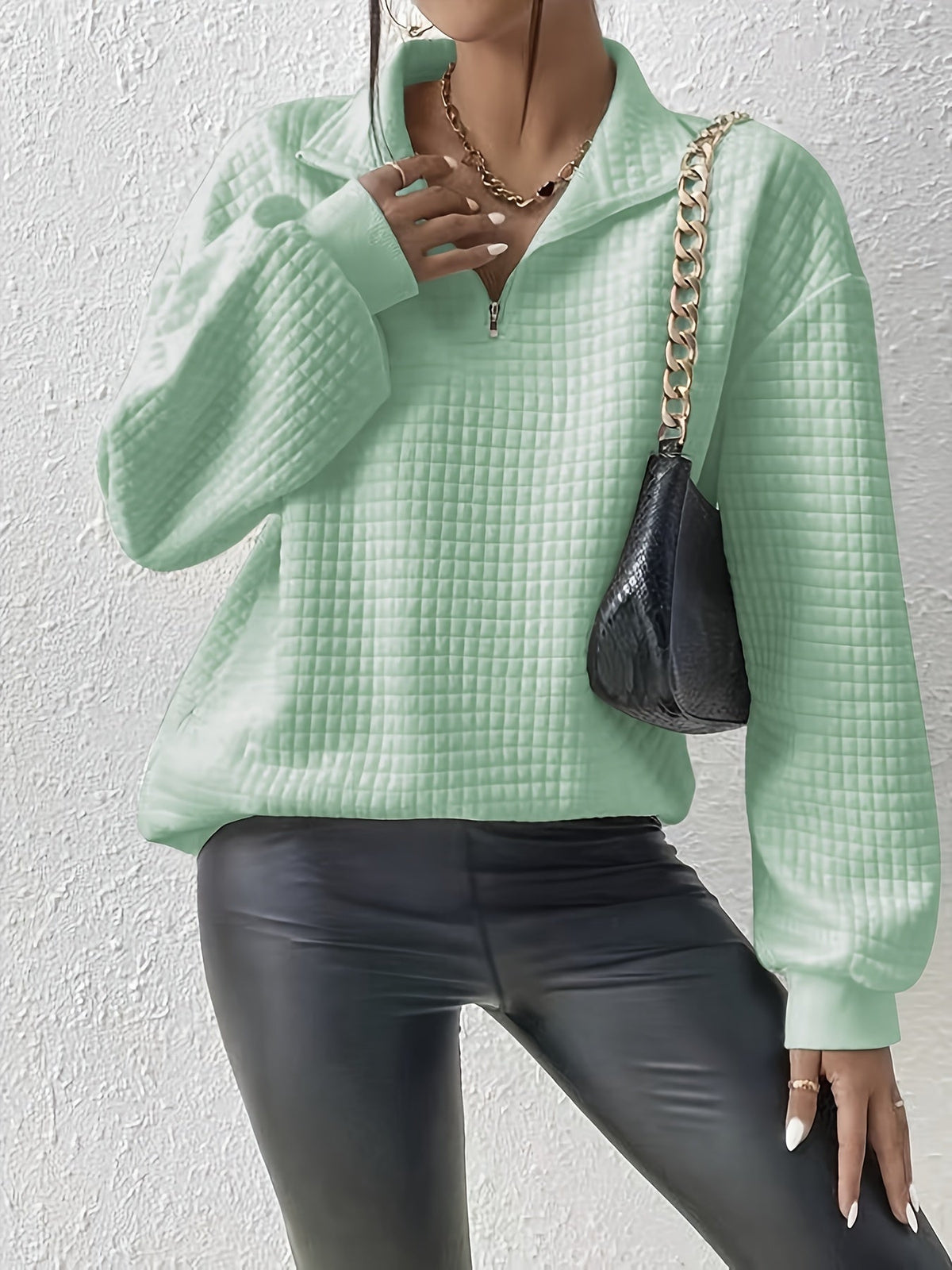 Women's Stand-Neck Textured Knit Sweater with Half Zip