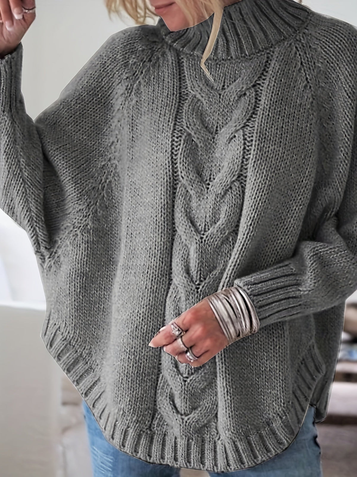 Women's Loose Fit High Neck Cable Knit Pullover
