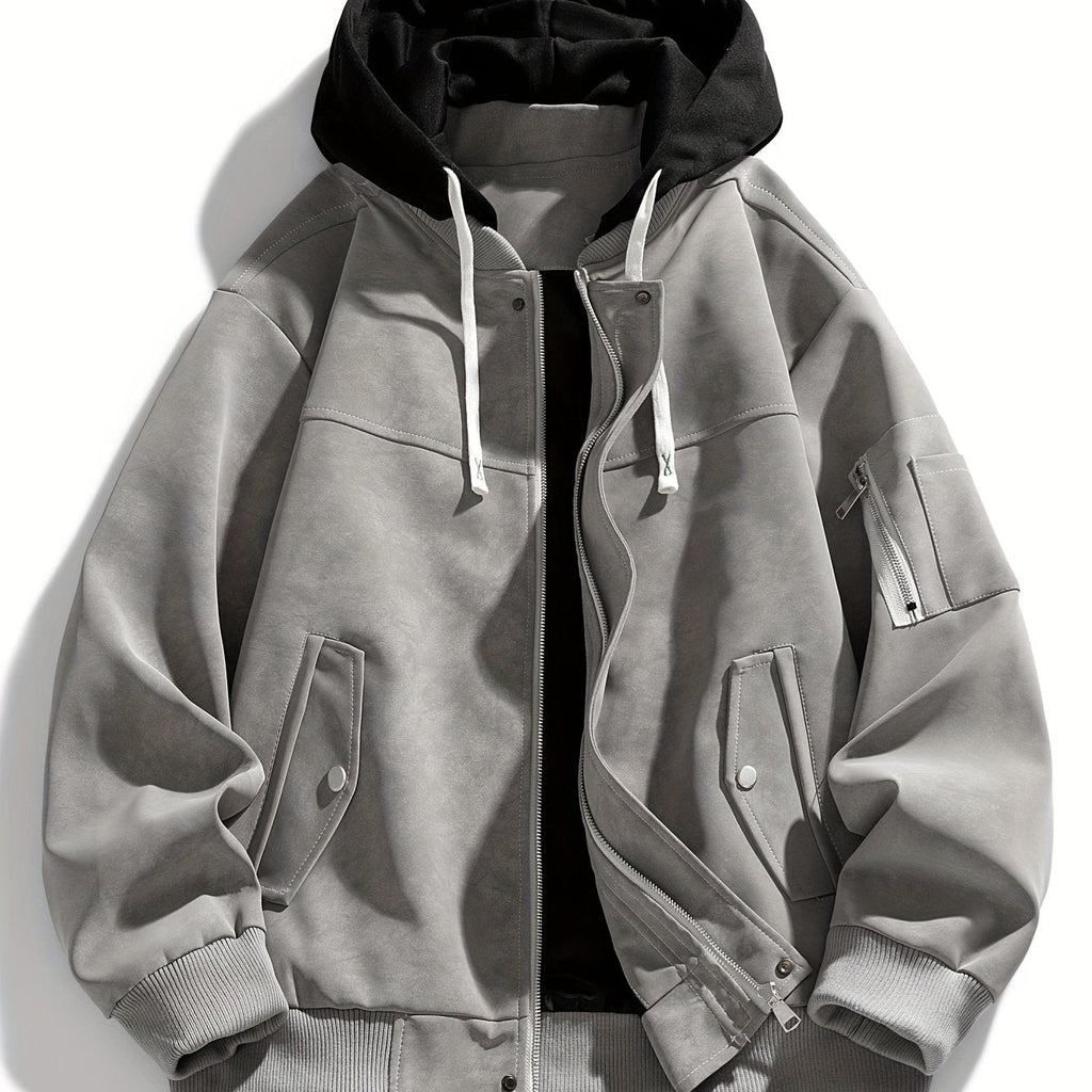 Men's Zip-Up Hooded Loose Fit Jacket with Sleeve Pocket