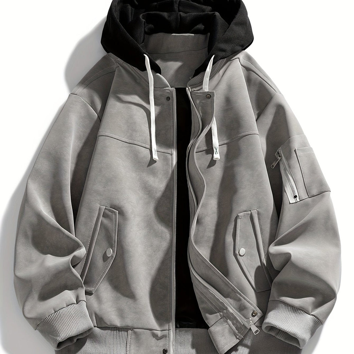 Men's Zip-Up Hooded Loose Fit Jacket with Sleeve Pocket