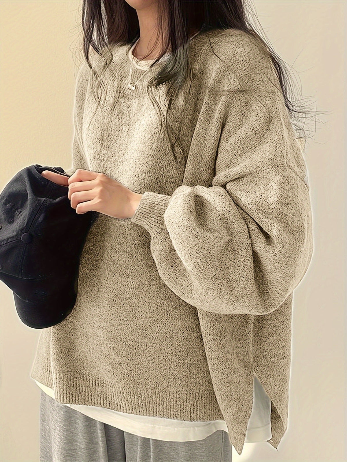 Women's Thick Knit Round Neck Drop-Shoulder Sweater