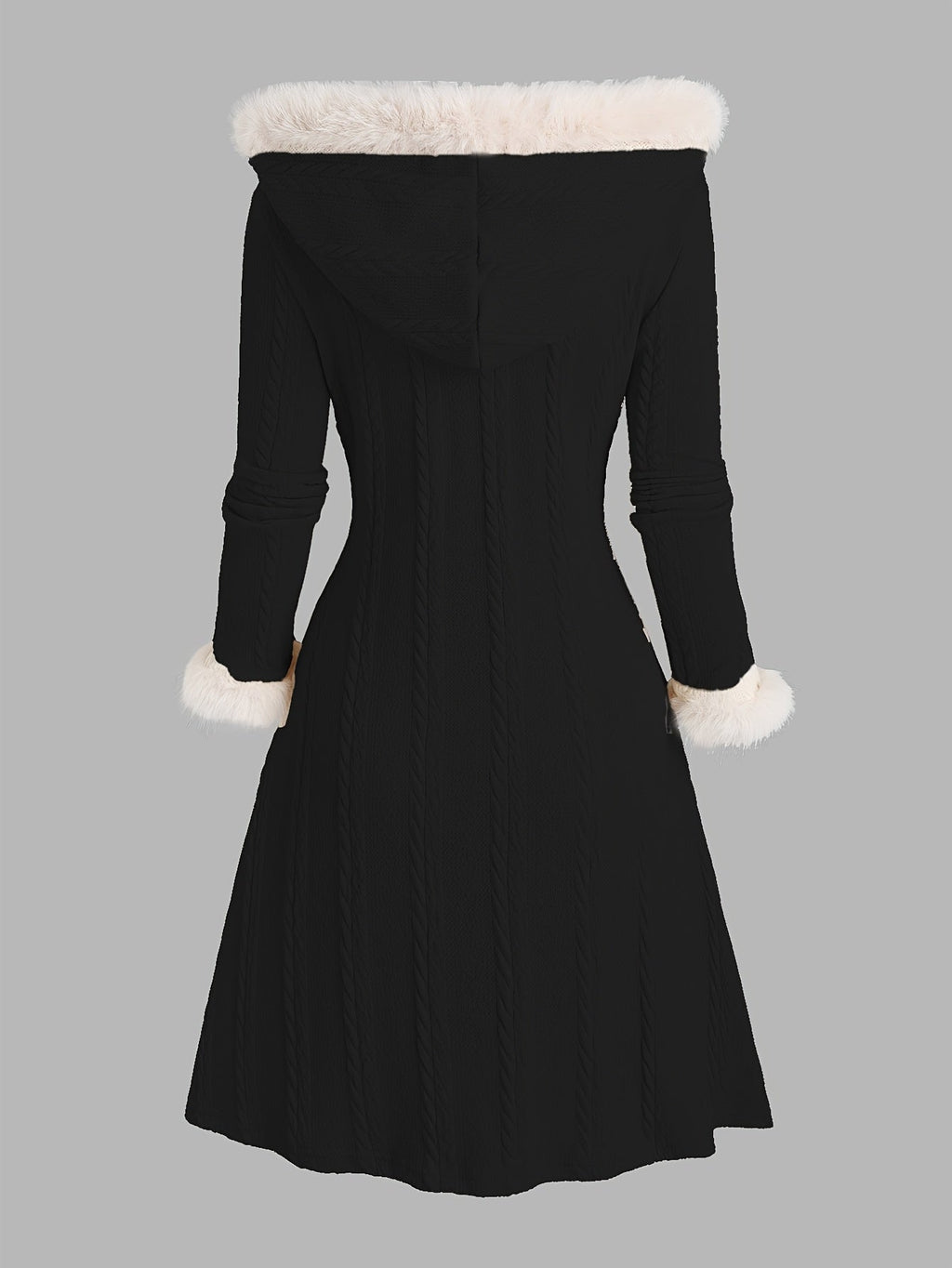 Women's Toggle Closure Longline Coat with Fur Trim Hood