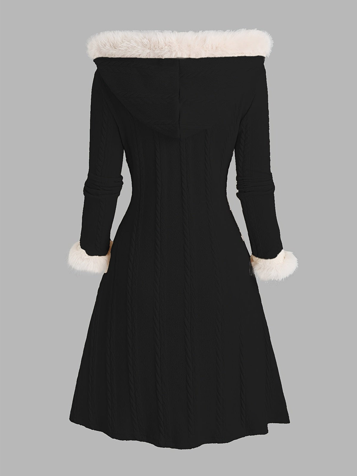Women's Toggle Closure Longline Coat with Fur Trim Hood