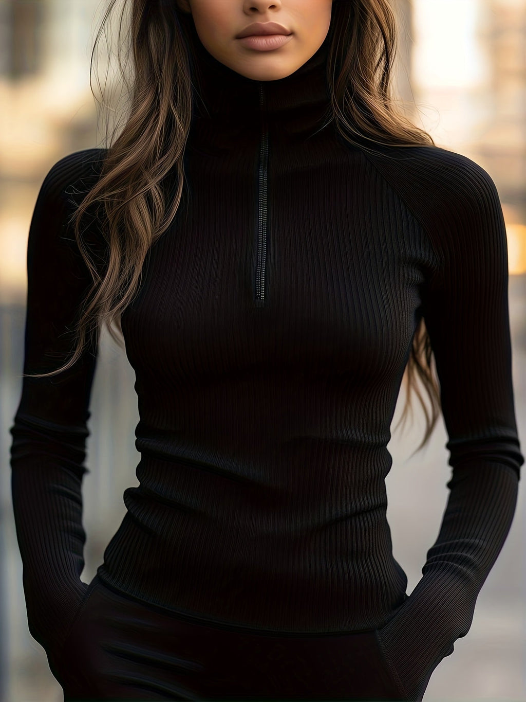Women's Slim Fit High Neck Ribbed Zip Pullover