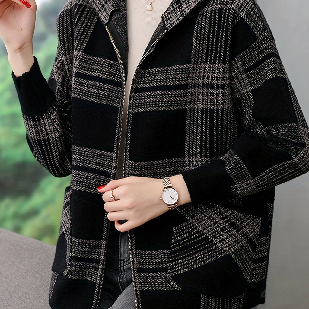 Women's Hooded Zip-Up Checked Loose Fit Coat