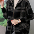 Women's Hooded Zip-Up Checked Loose Fit Coat
