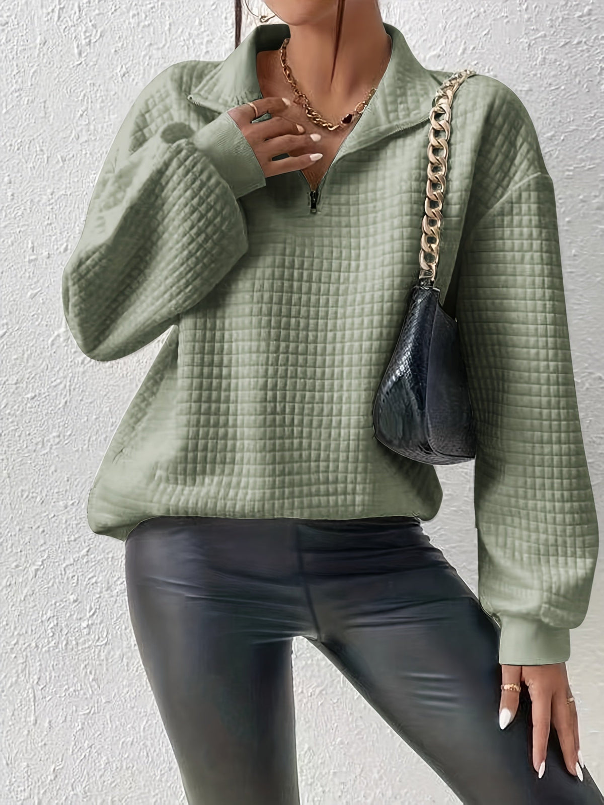 Women's Stand-Neck Textured Knit Sweater with Half Zip