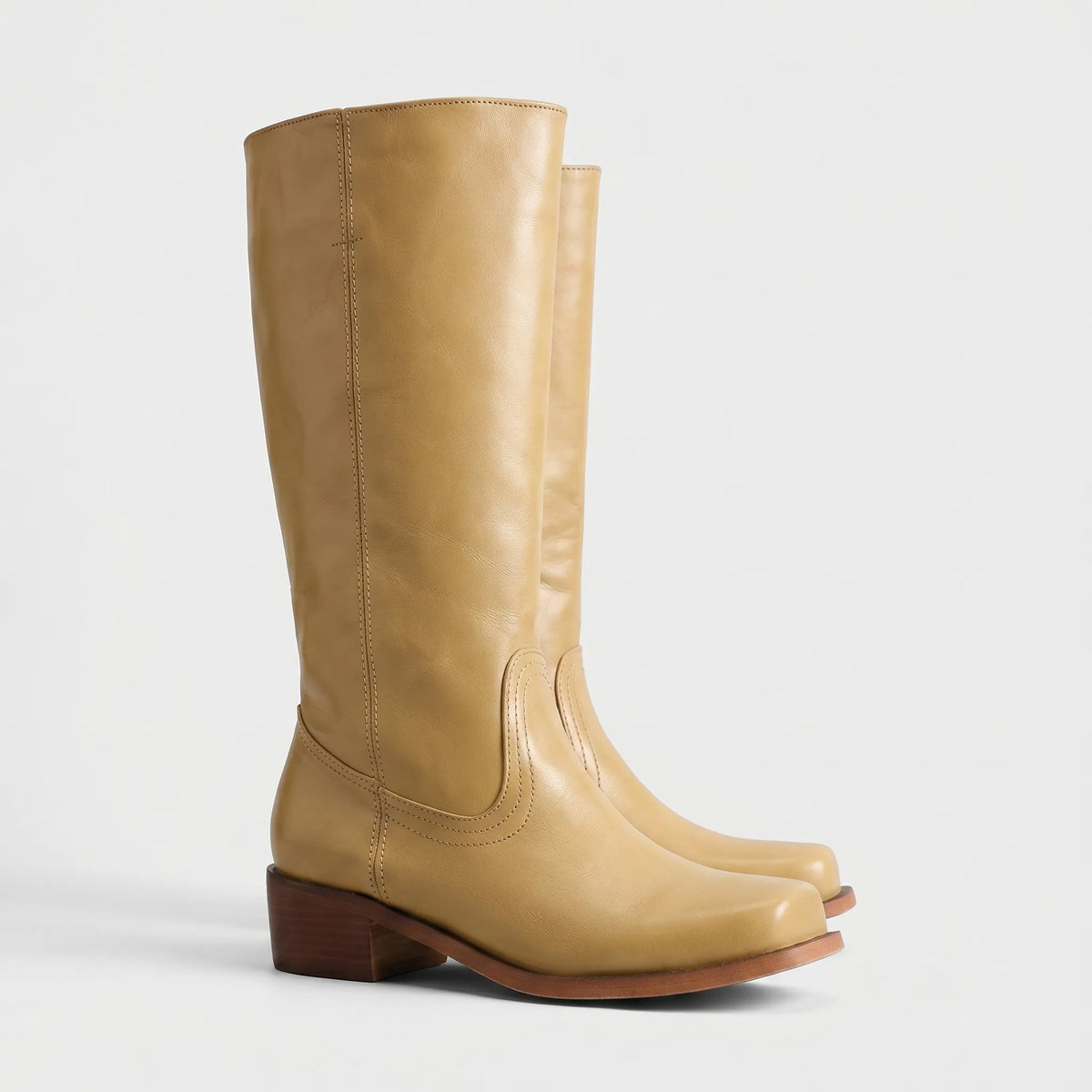 Women's Square Toe Tall Leather Boots with Stacked Heel