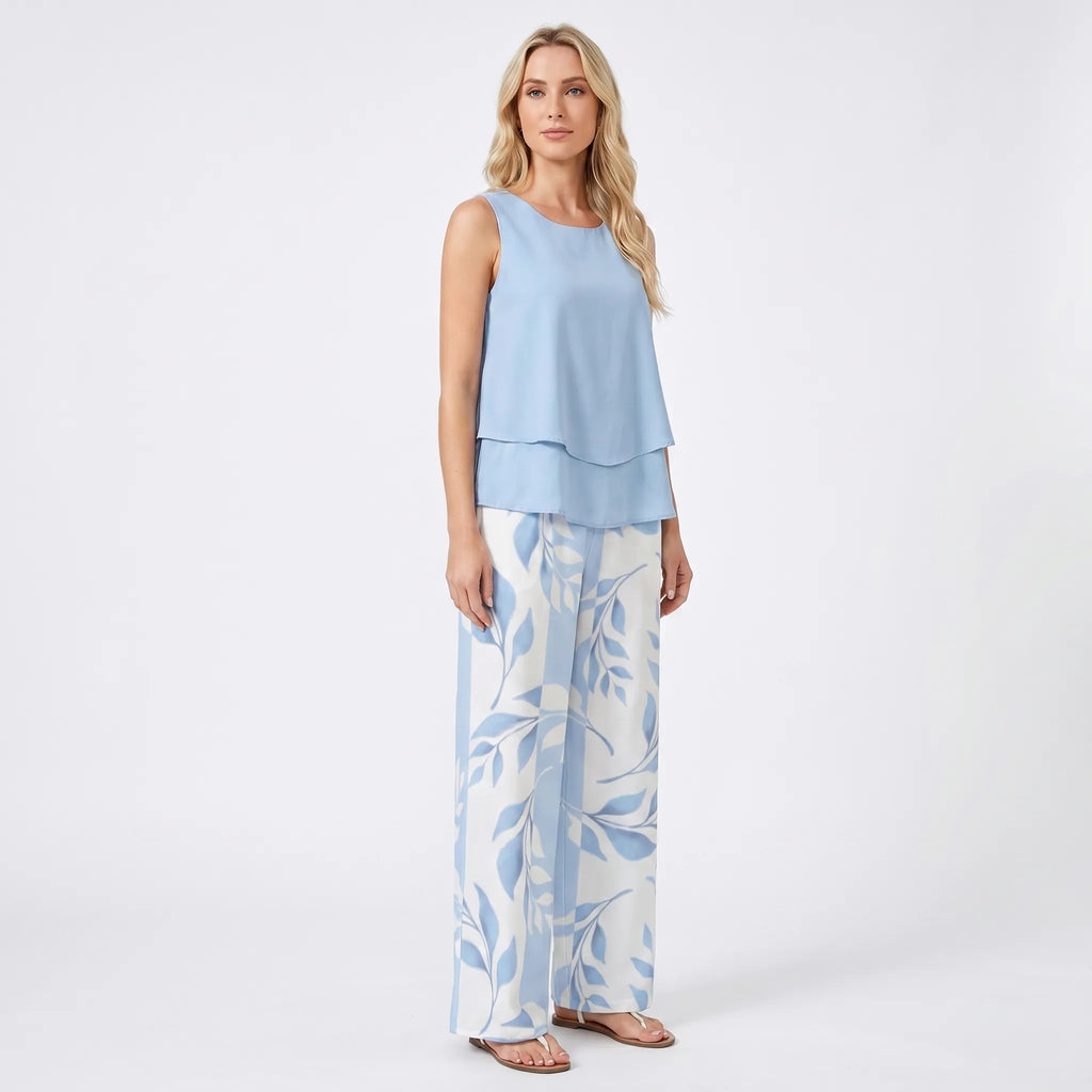 Women's Layered Sleeveless Top Printed Wide Leg Pants Set