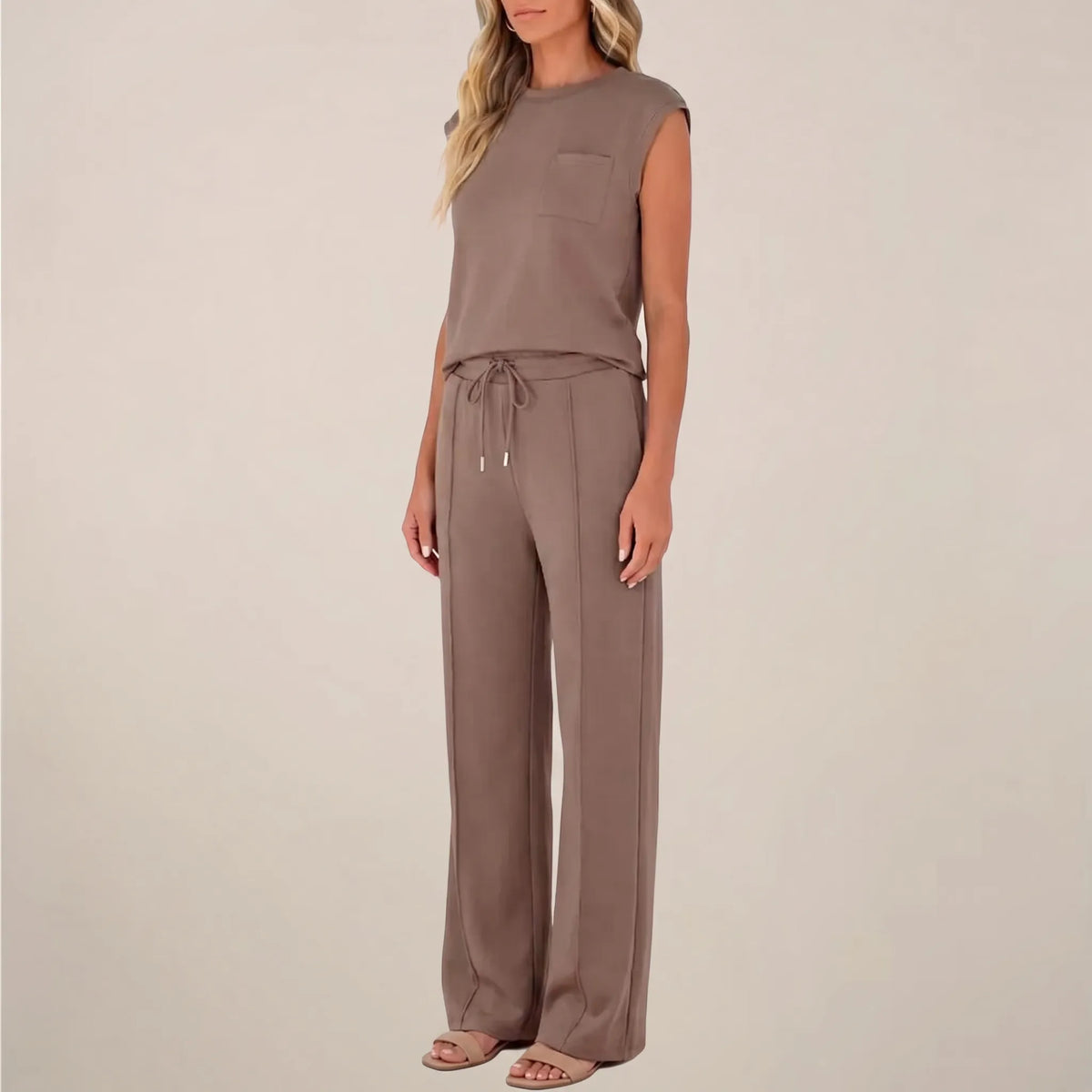 Women's Cap Sleeve Crew Neck Drawstring Pants Set