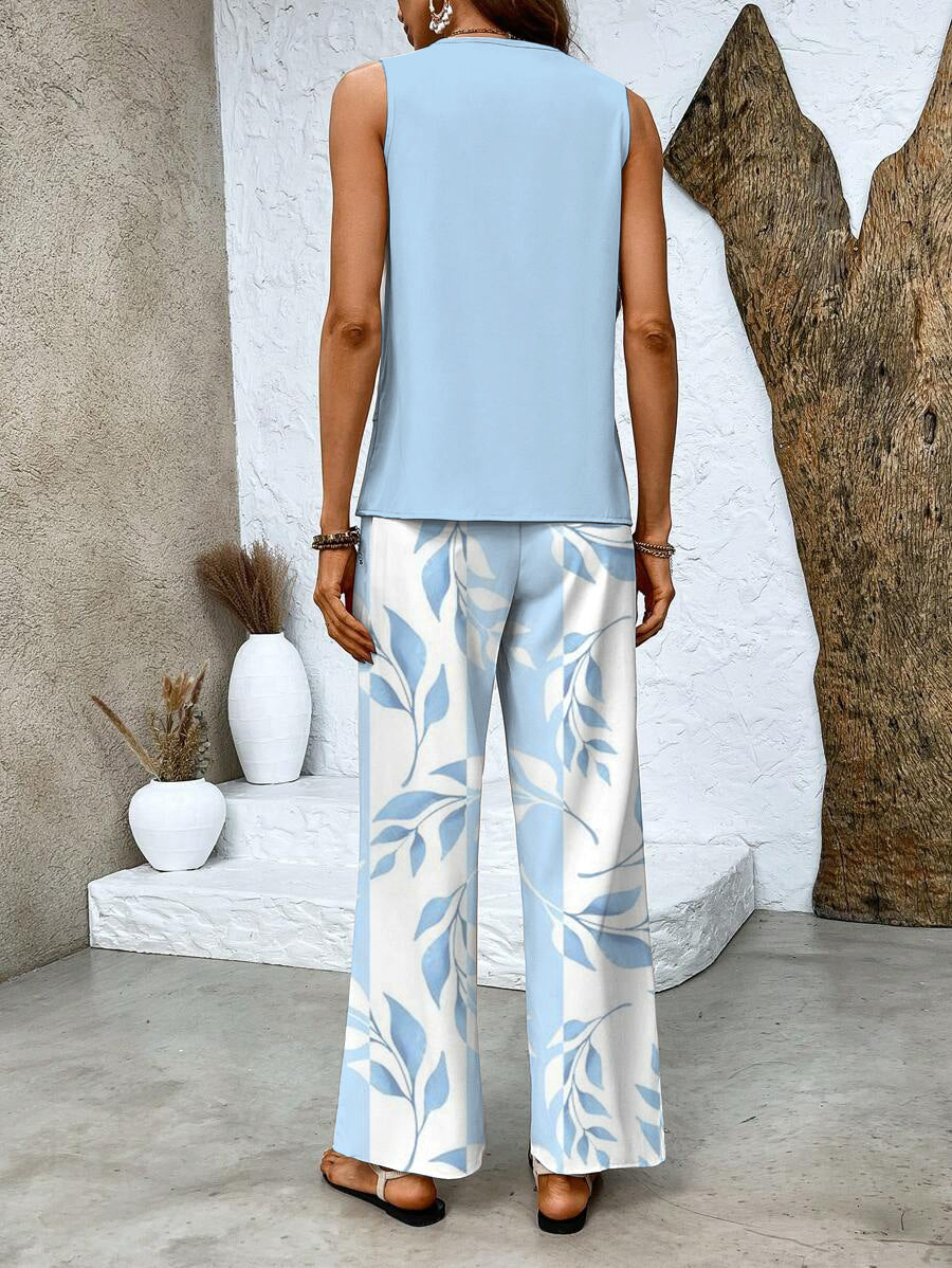 Women's Leaf Print Layered Sleeve Wide Leg Pants Set
