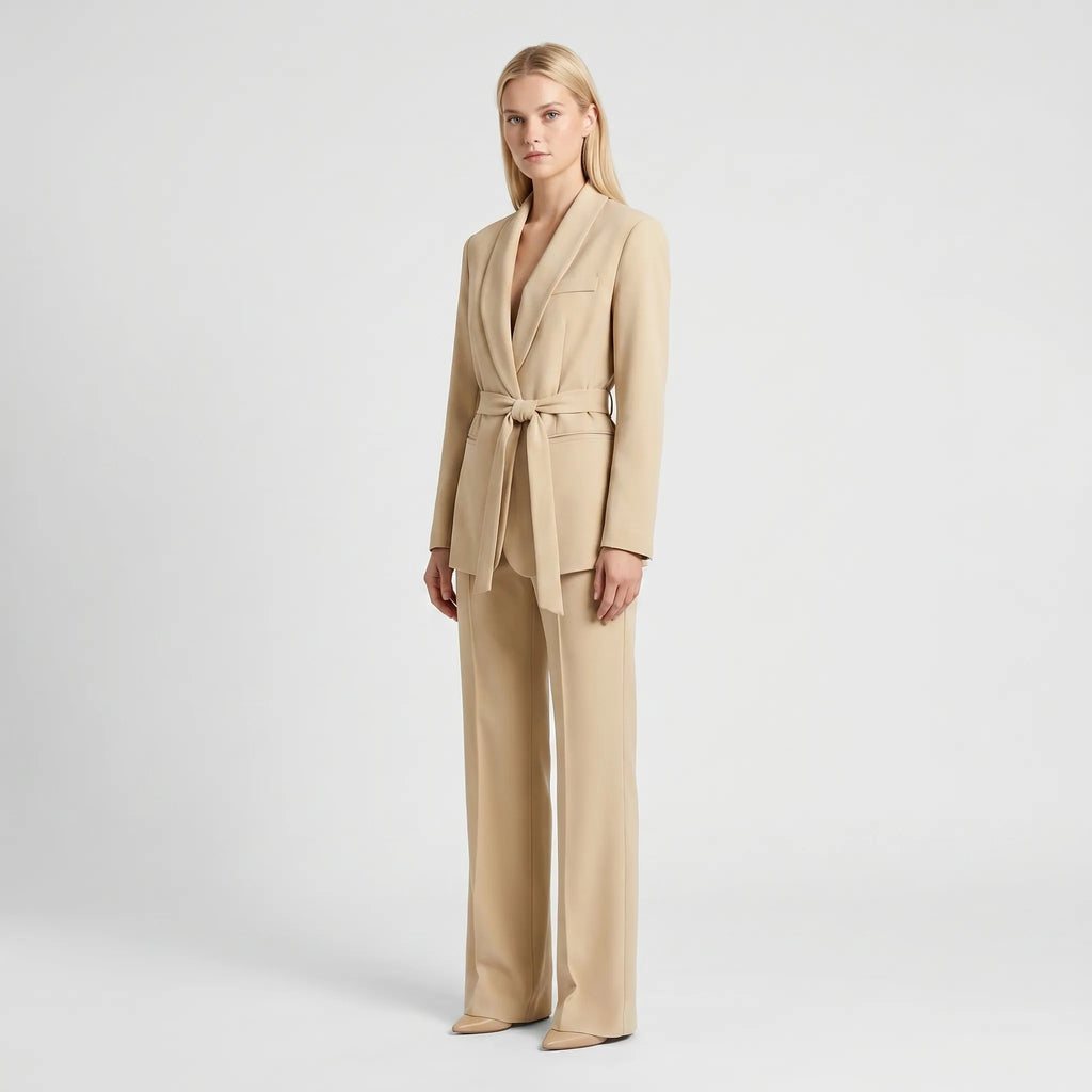 Women's Shawl Lapel Belted Blazer Wide Leg Pantsuit
