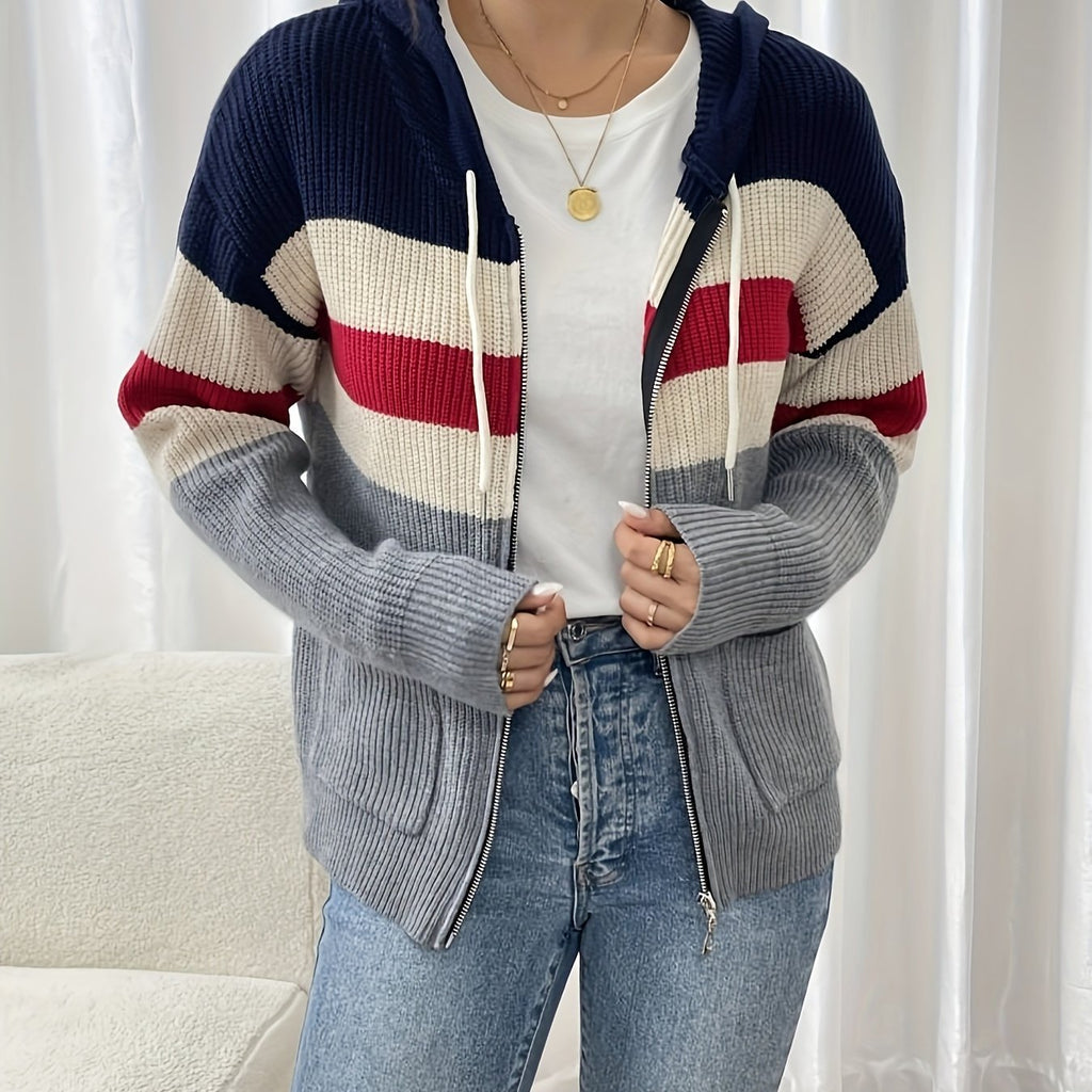Women's Hooded Ribbed Knit Full-Zip Layering Cardigan