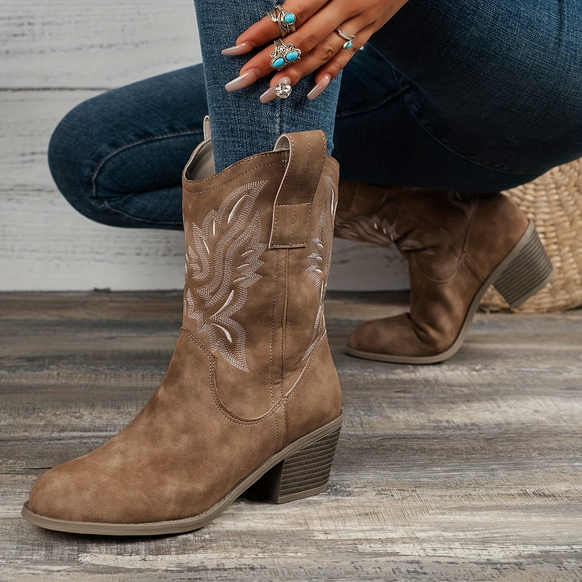 Women's Embroidered Mid-Calf Western Boots with Roomy Shaft