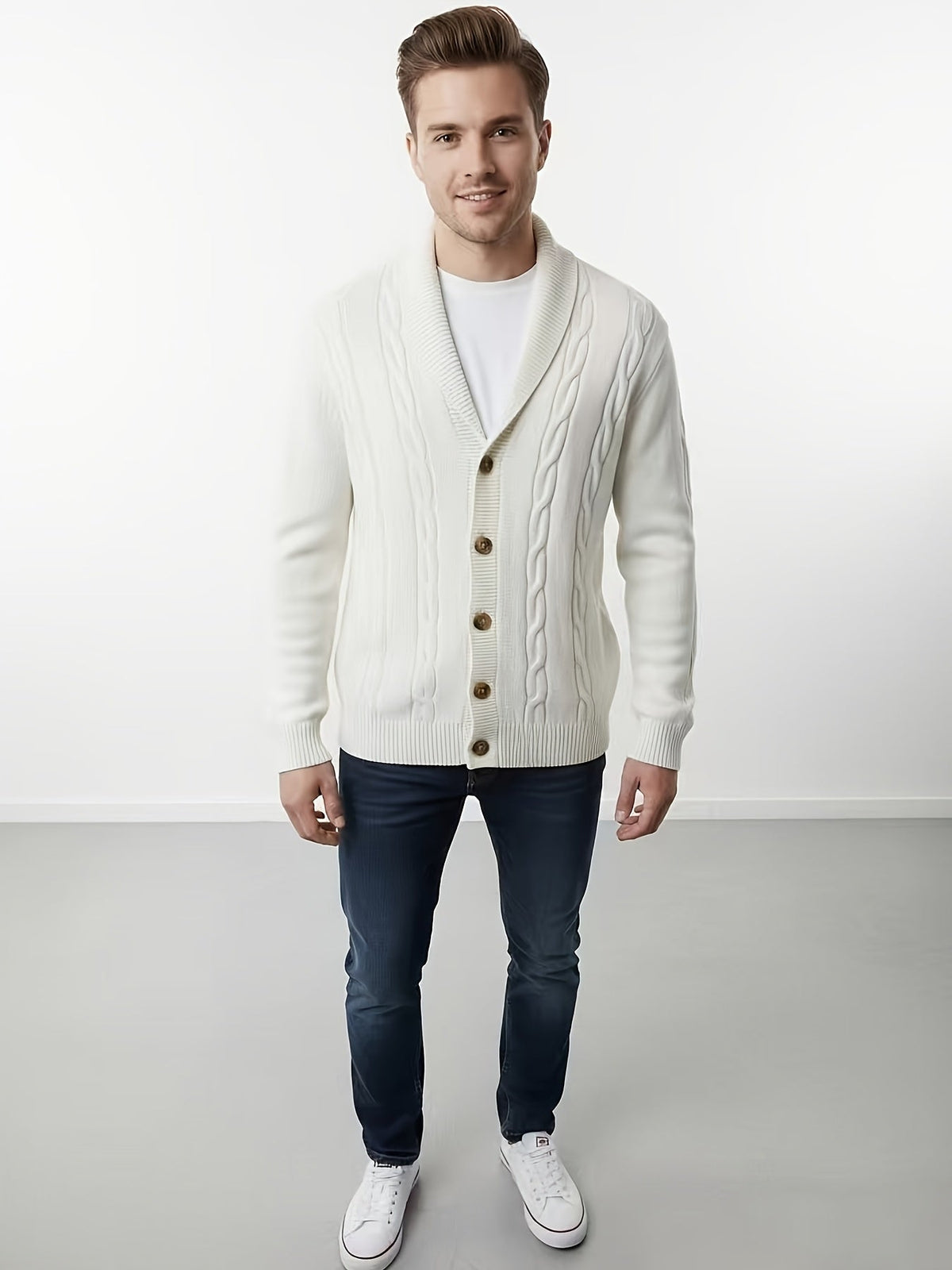 Men's Cable-Knit Shawl Collar Button-Front Sweater Cardigan