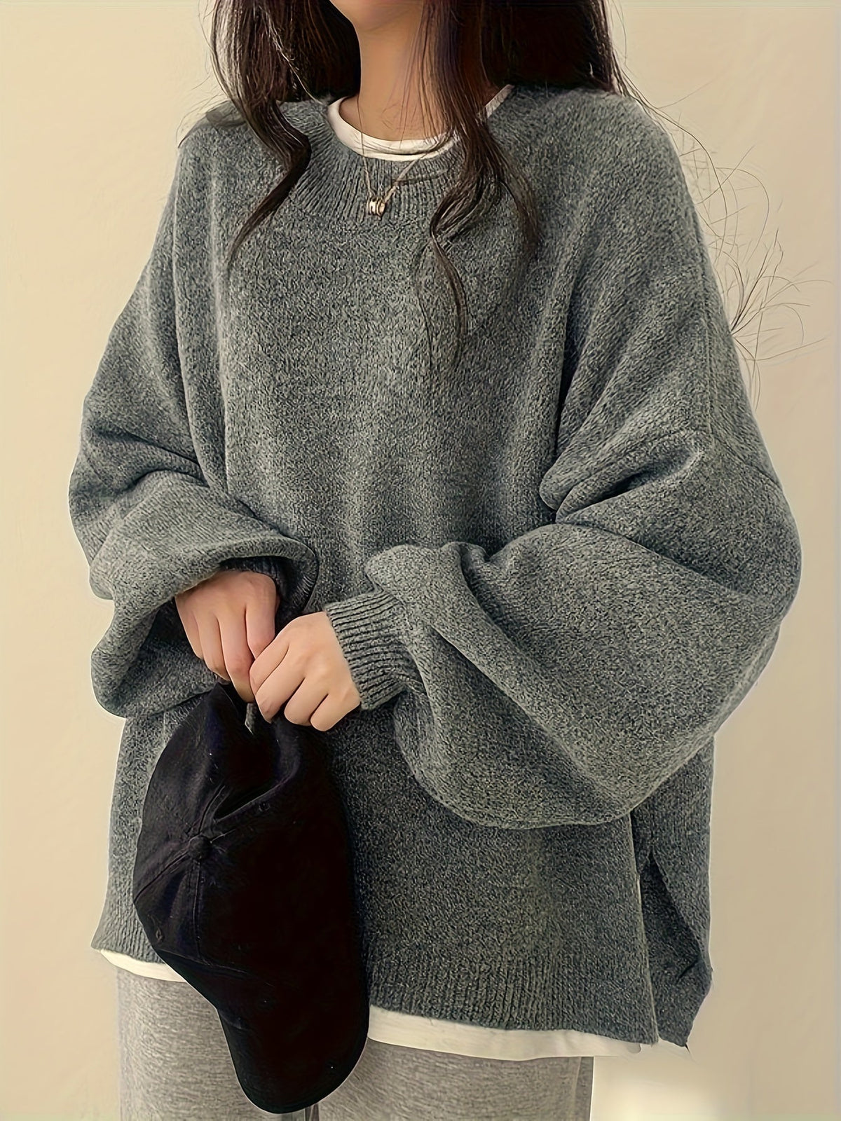 Women's Thick Knit Round Neck Drop-Shoulder Sweater