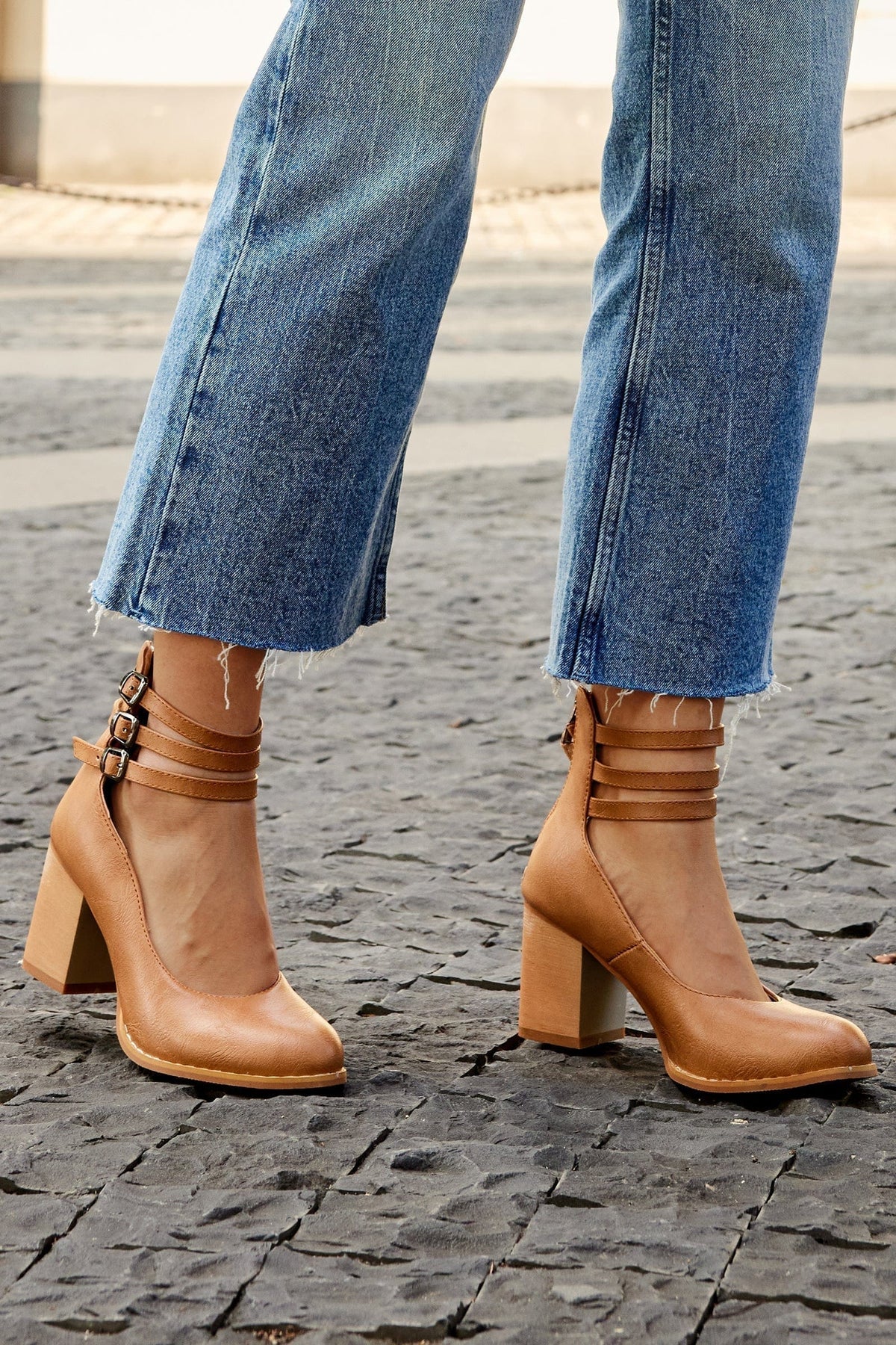 Women's Block Heel Booties with Three Buckle Straps