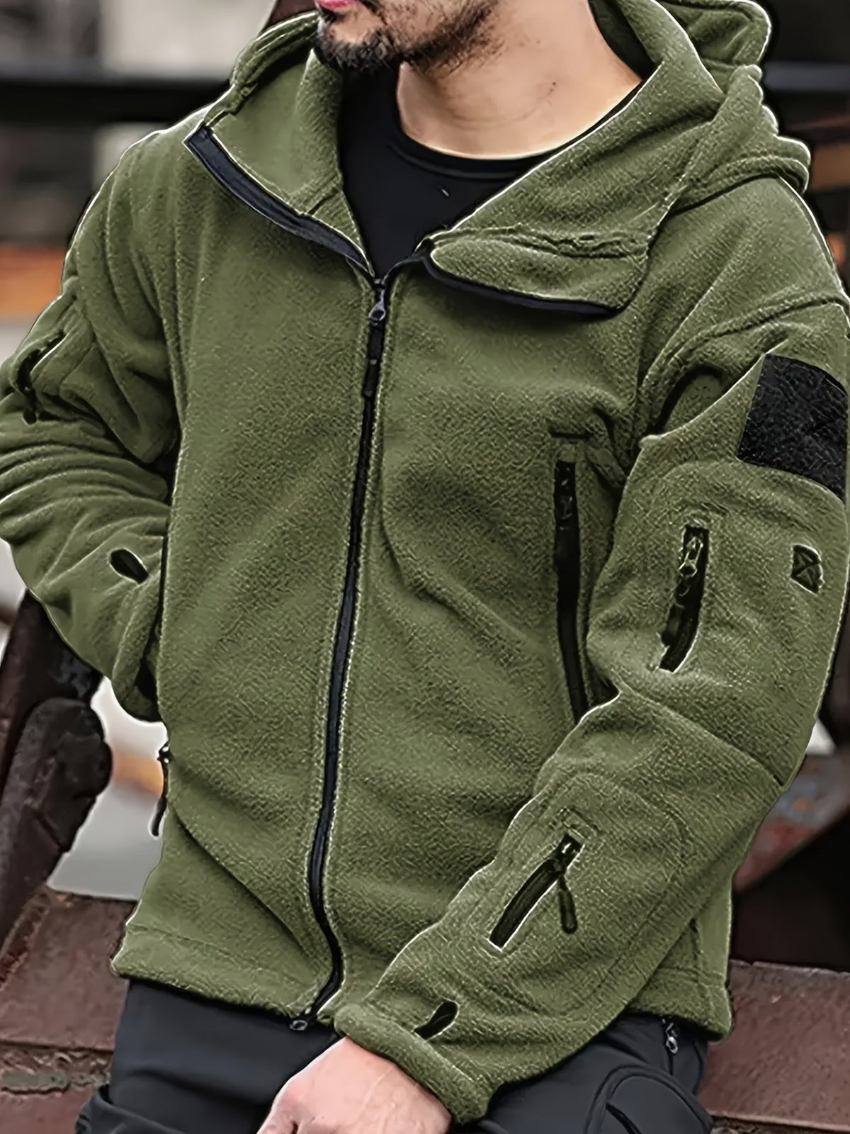 Men's Zip-Front Hooded Work Coat with Zippered Pockets