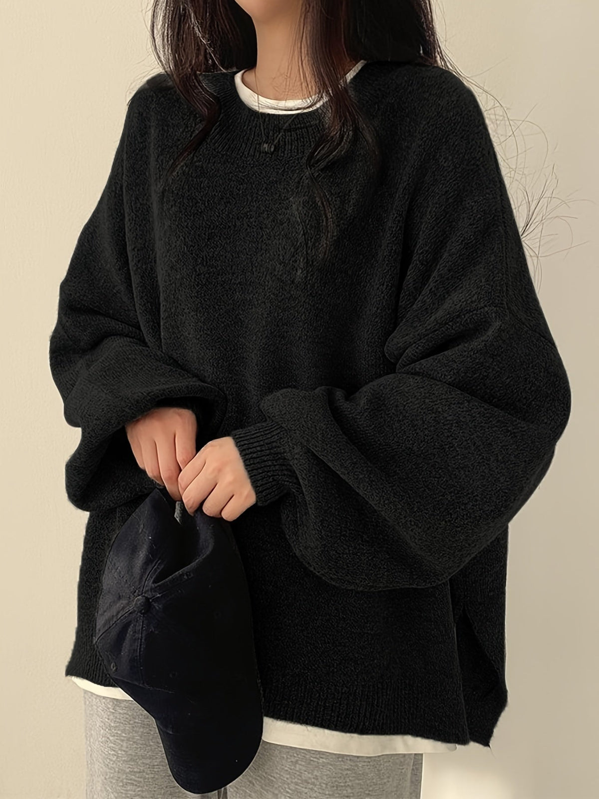 Women's Thick Knit Round Neck Drop-Shoulder Sweater