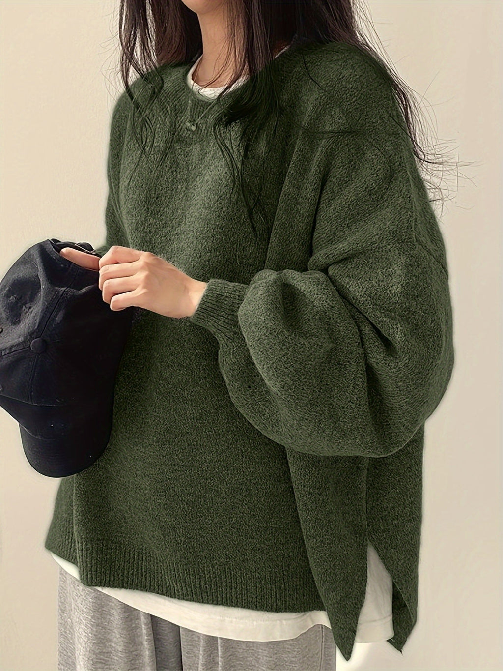Women's Thick Knit Round Neck Drop-Shoulder Sweater