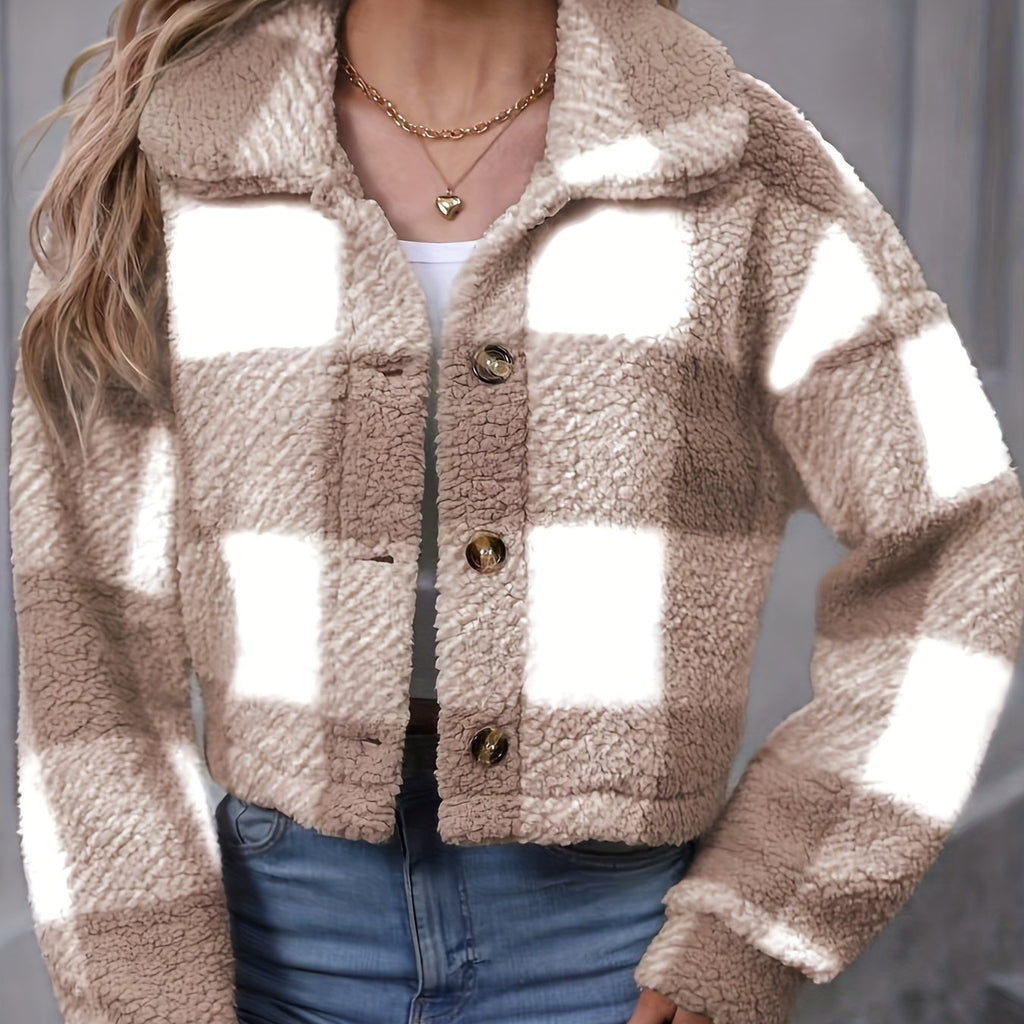 Women's Short Plaid Button-Up Coat