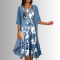 Women's Layered Midi Dress with Matching Cardigan and Floral Print