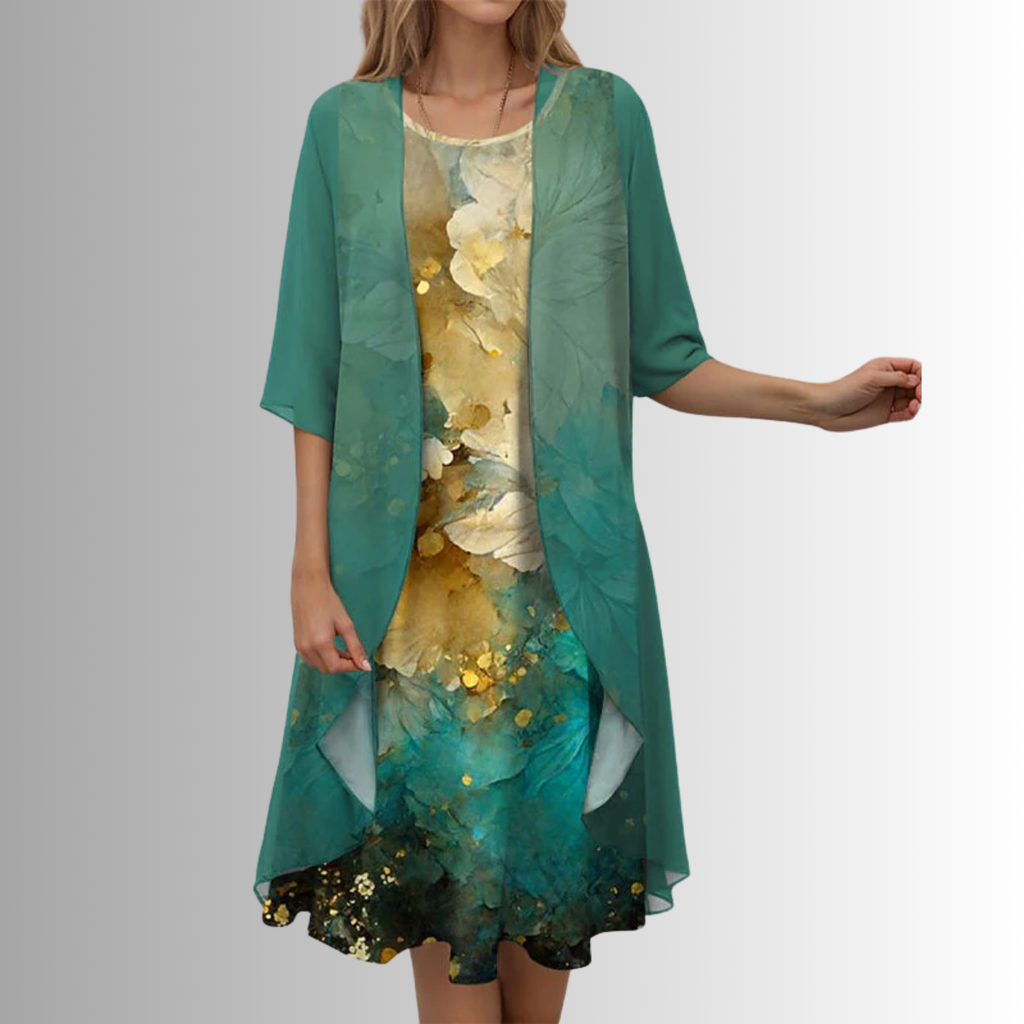 Women's Layered Midi Dress with Matching Cardigan and Floral Print