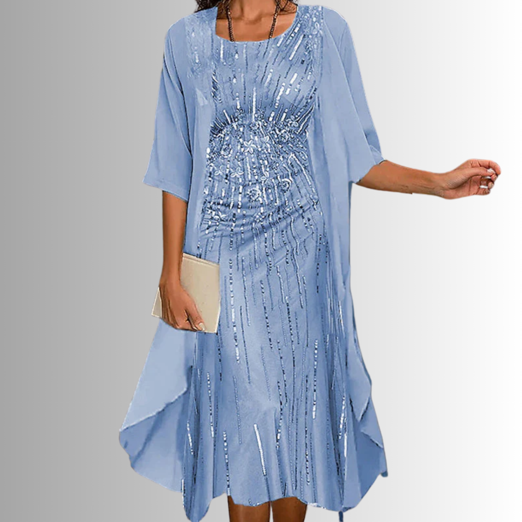 Women's Layered Midi Dress with Matching Cardigan and Floral Print