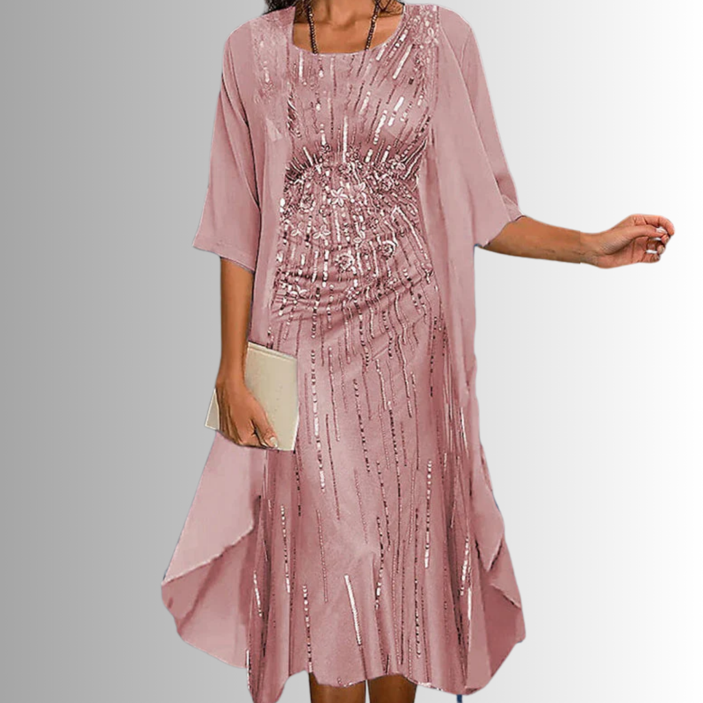 Women's Layered Midi Dress with Matching Cardigan and Floral Print