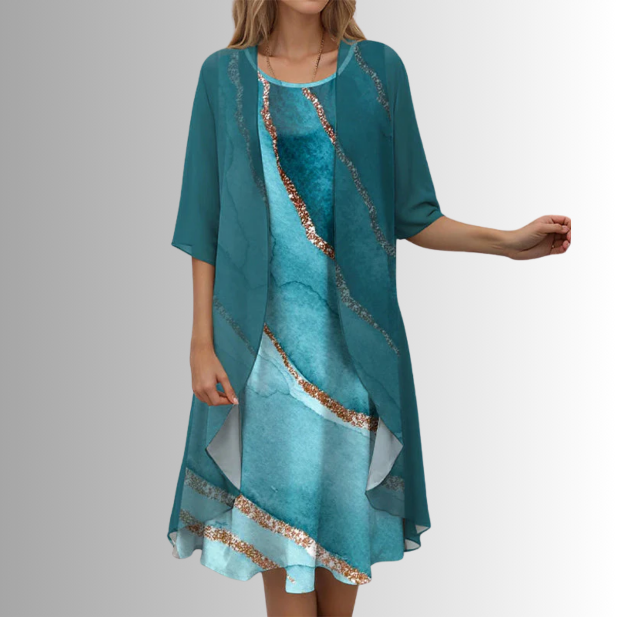 Women's Layered Midi Dress with Matching Cardigan and Floral Print