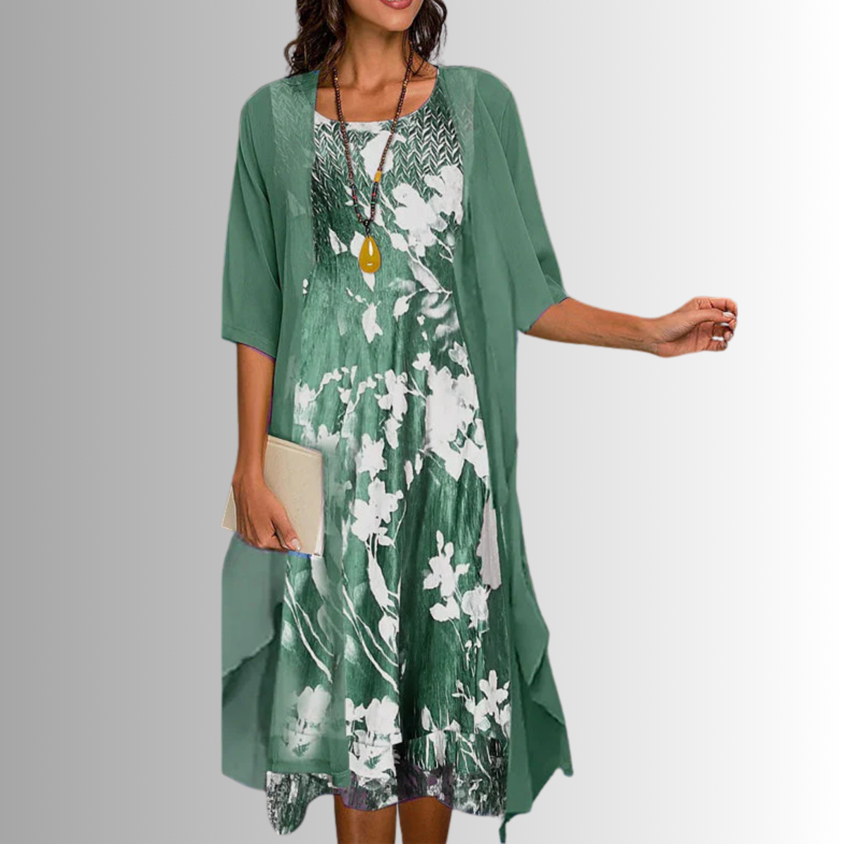 Women's Layered Midi Dress with Matching Cardigan and Floral Print