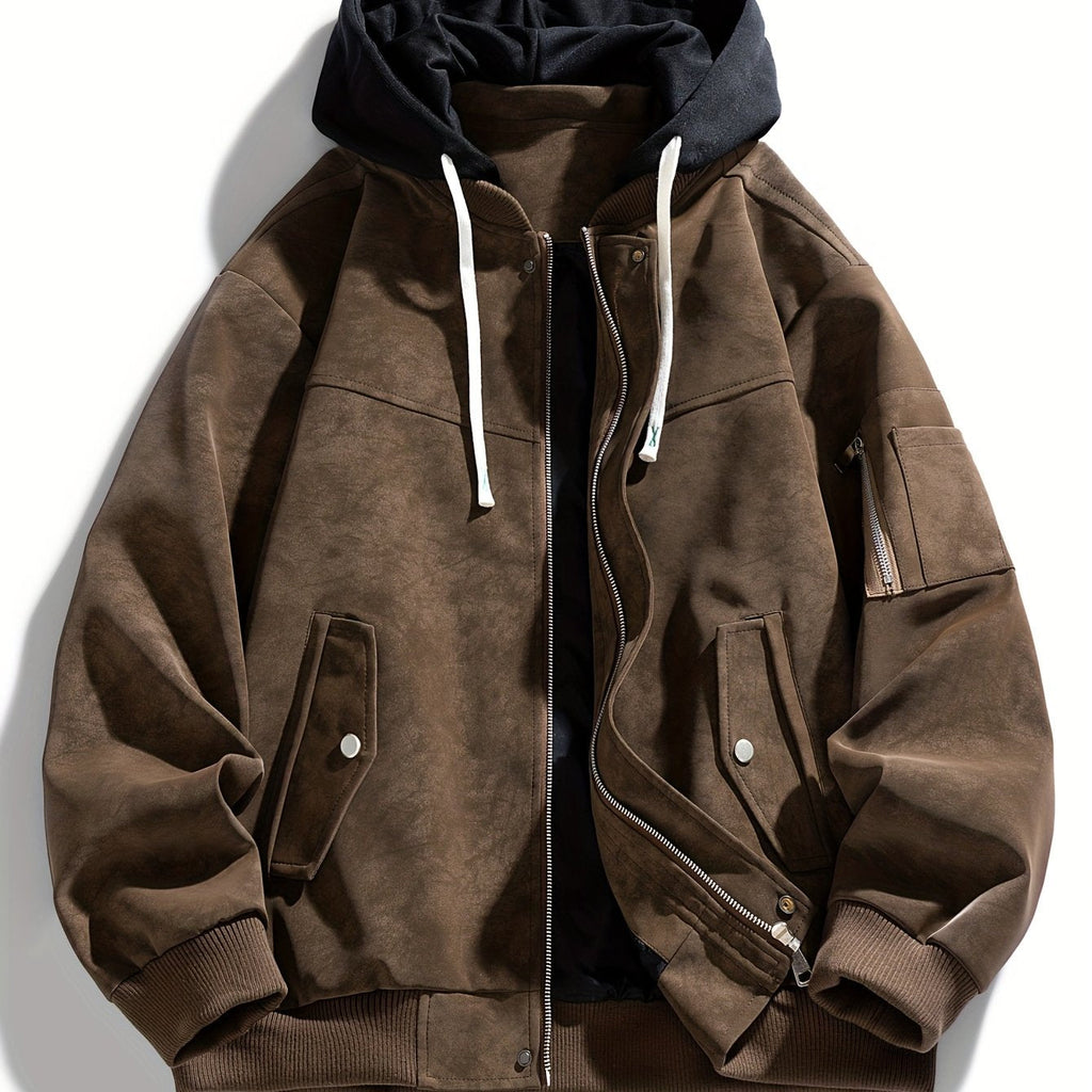 Men's Zip-Up Hooded Loose Fit Jacket with Sleeve Pocket