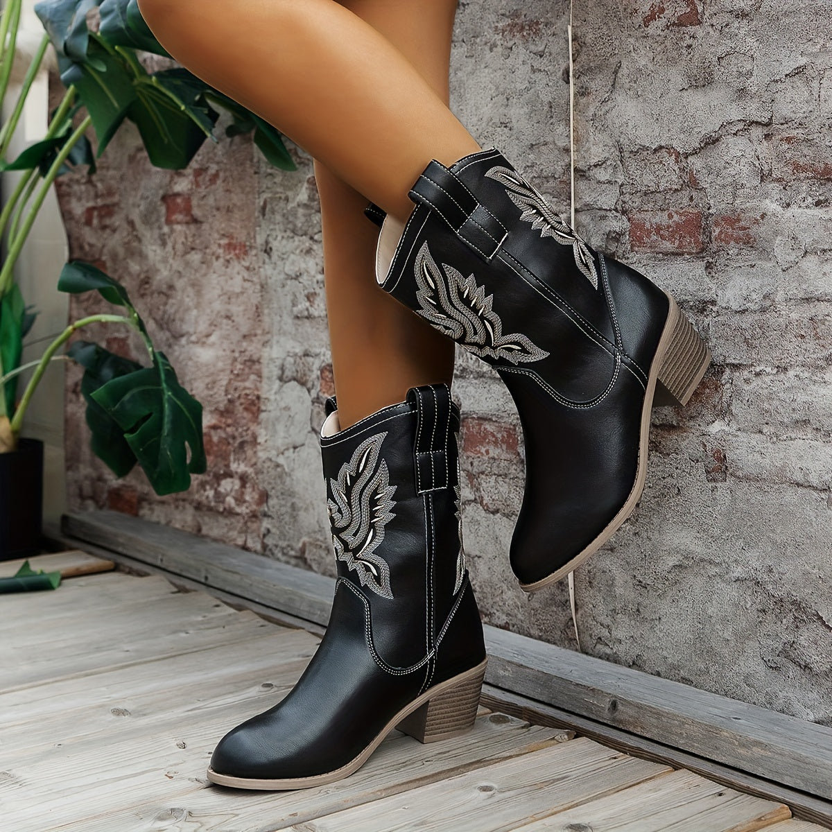 Women's Embroidered Mid-Calf Western Boots with Roomy Shaft