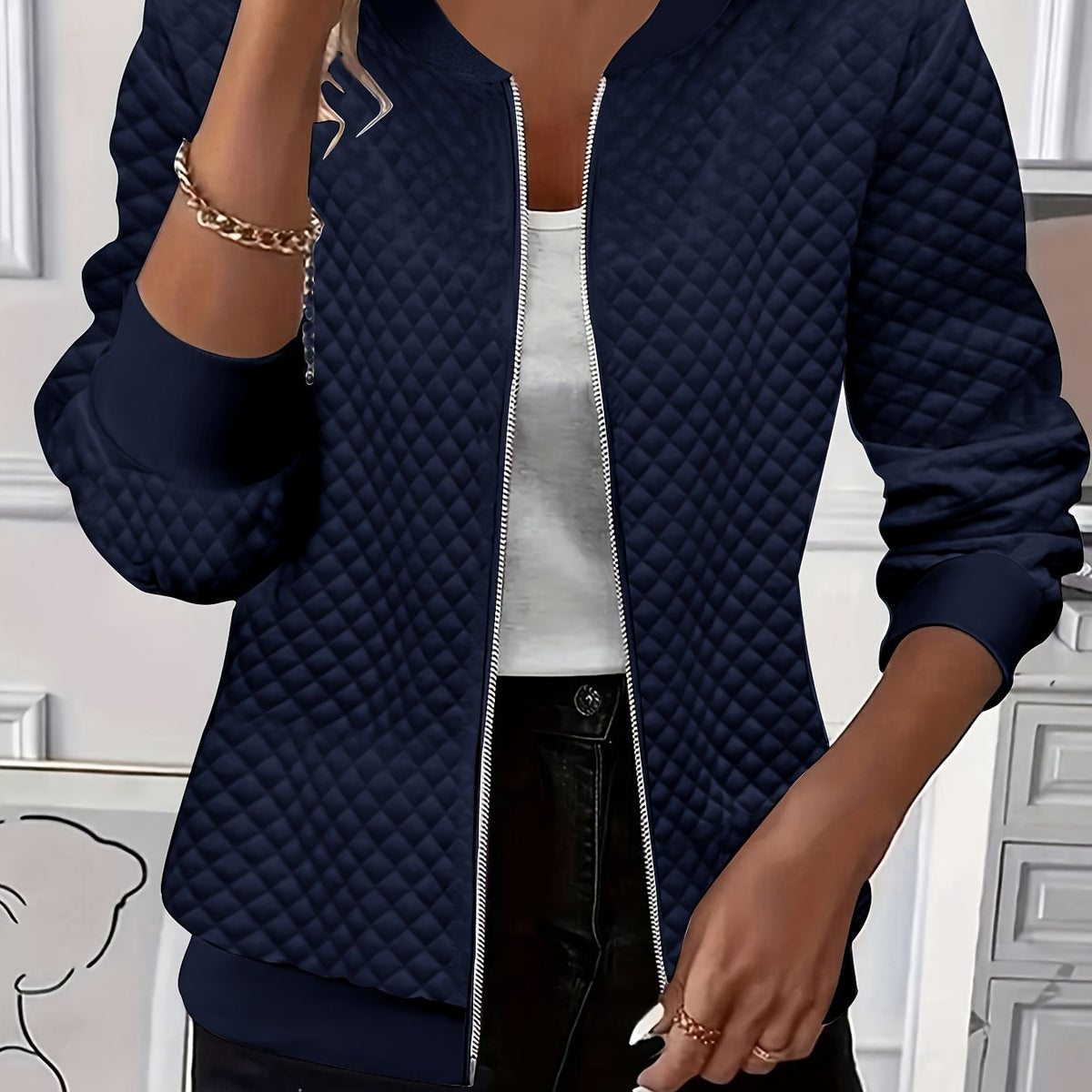 Women's Baseball Collar Diamond Texture Padded Jacket