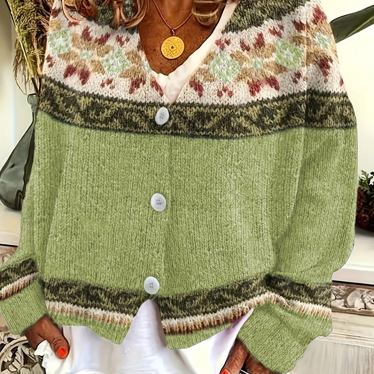 Women's Button-Up Cardigan with Patterned Geometric Yoke