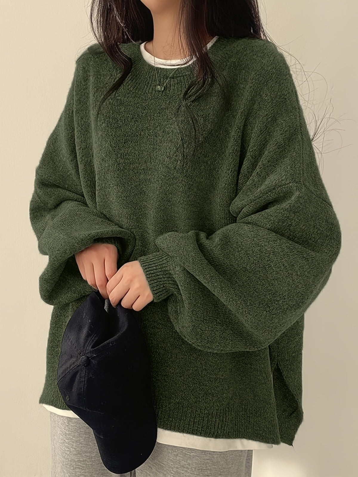Women's Thick Knit Round Neck Drop-Shoulder Sweater